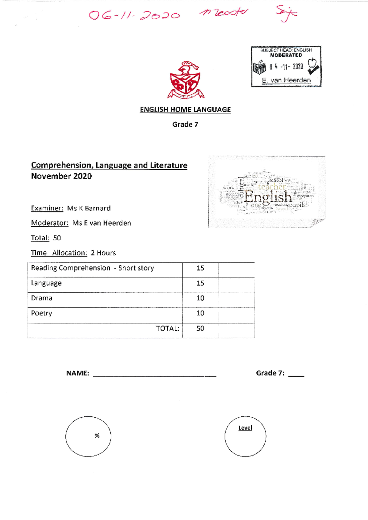 Grade 7 English HL November 2020 Exam Paper - Comprehension & Language
