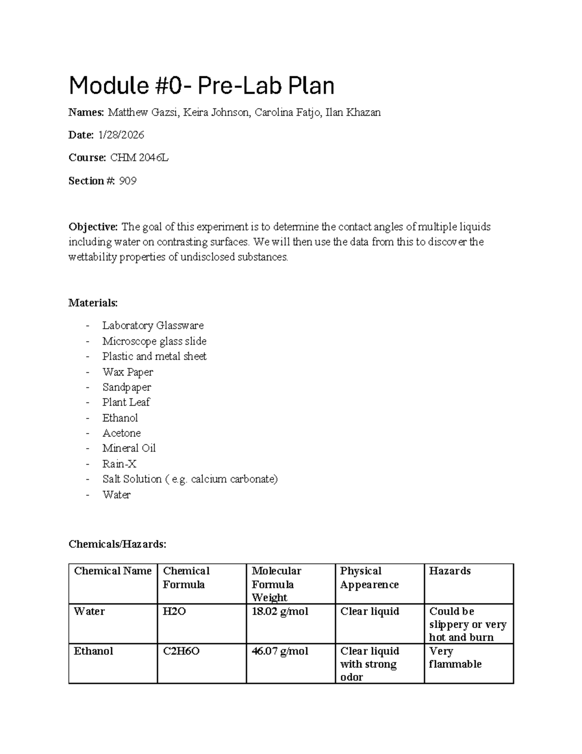 CHM 2046L: Pre-Lab Plan for Contact Angle Experiment - Studocu