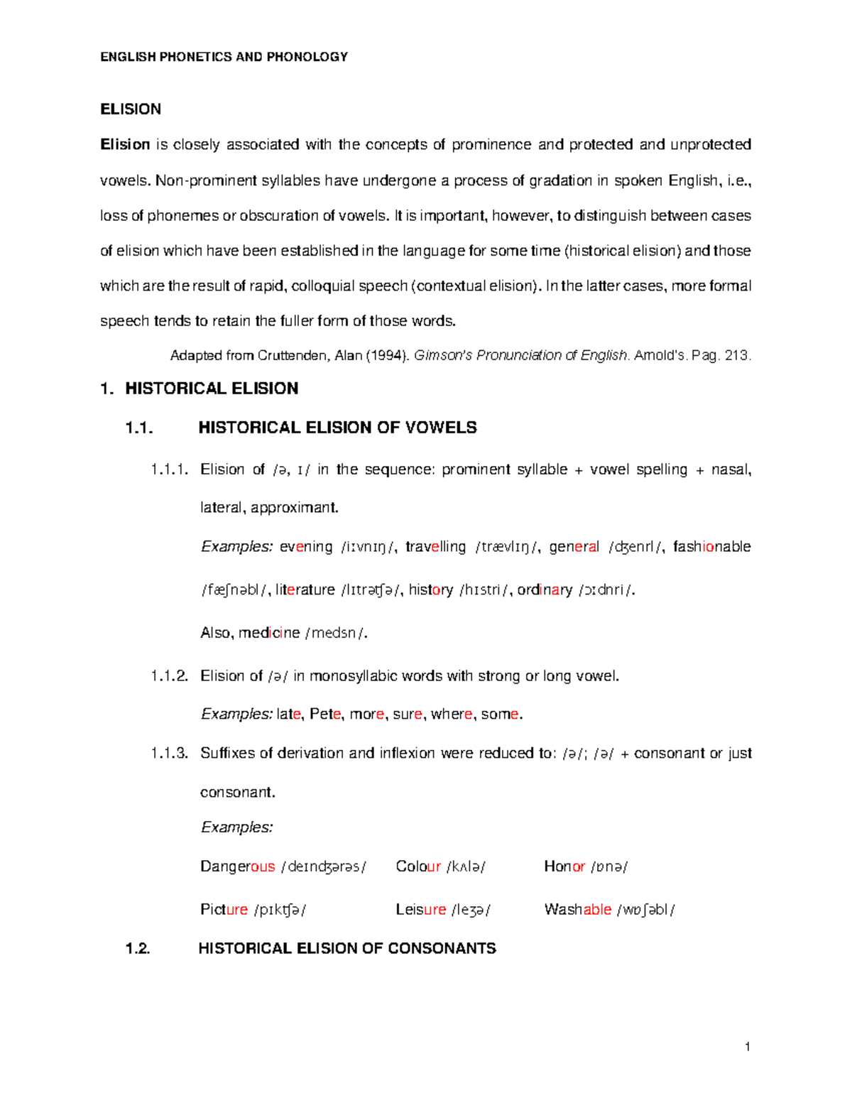ENGL 101: Elision in English Phonetics and Phonology - Key Concepts - Document Preview