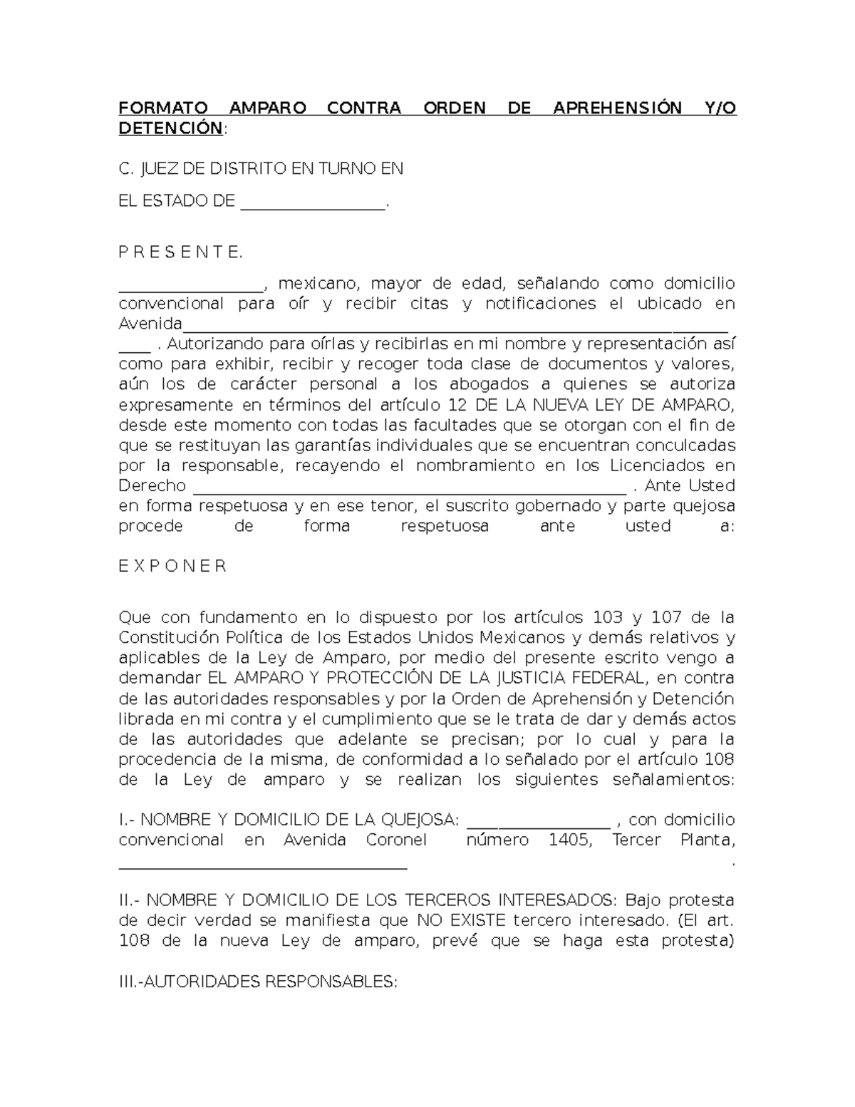 Formato de Amparo Contra Orden de Aprehensión y Detención - Studocu