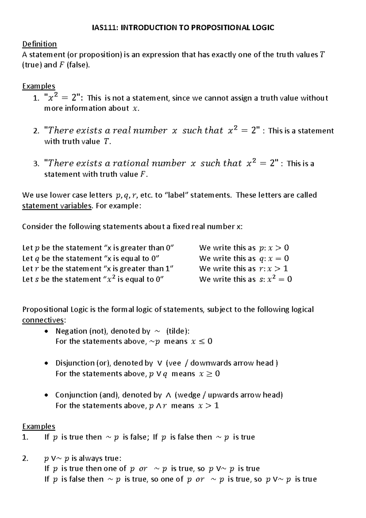 Lecture 1: Introduction to Propositional Logic Concepts - Studocu
