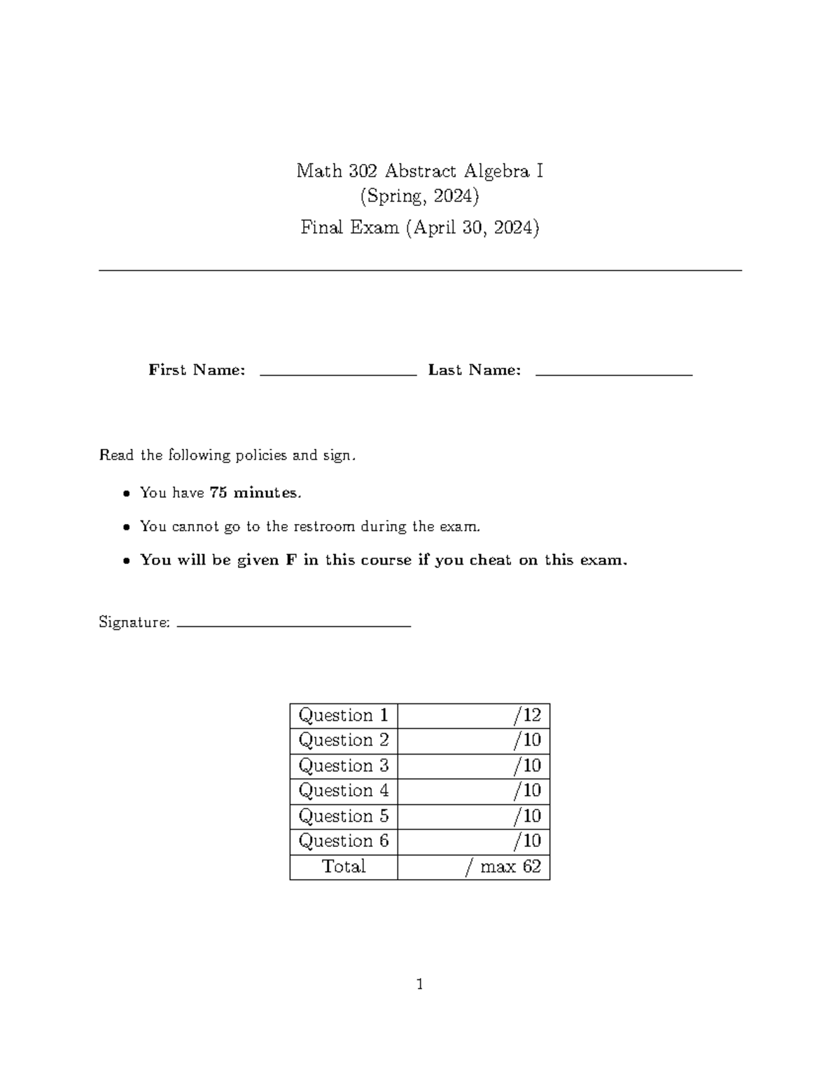 Math 302: Final Exam Guide for Abstract Algebra I (Spring 2024) - Studocu