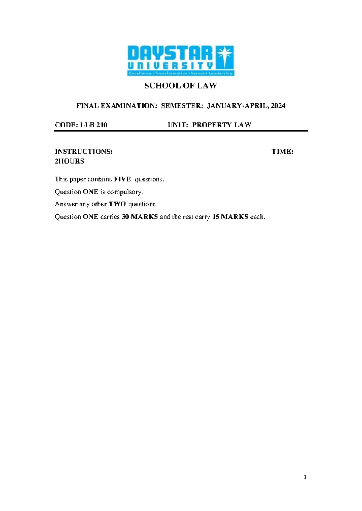 Final LLB 210 EXAM A JAN- April 2024 - 1 SCHOOL OF LAW FINAL ...