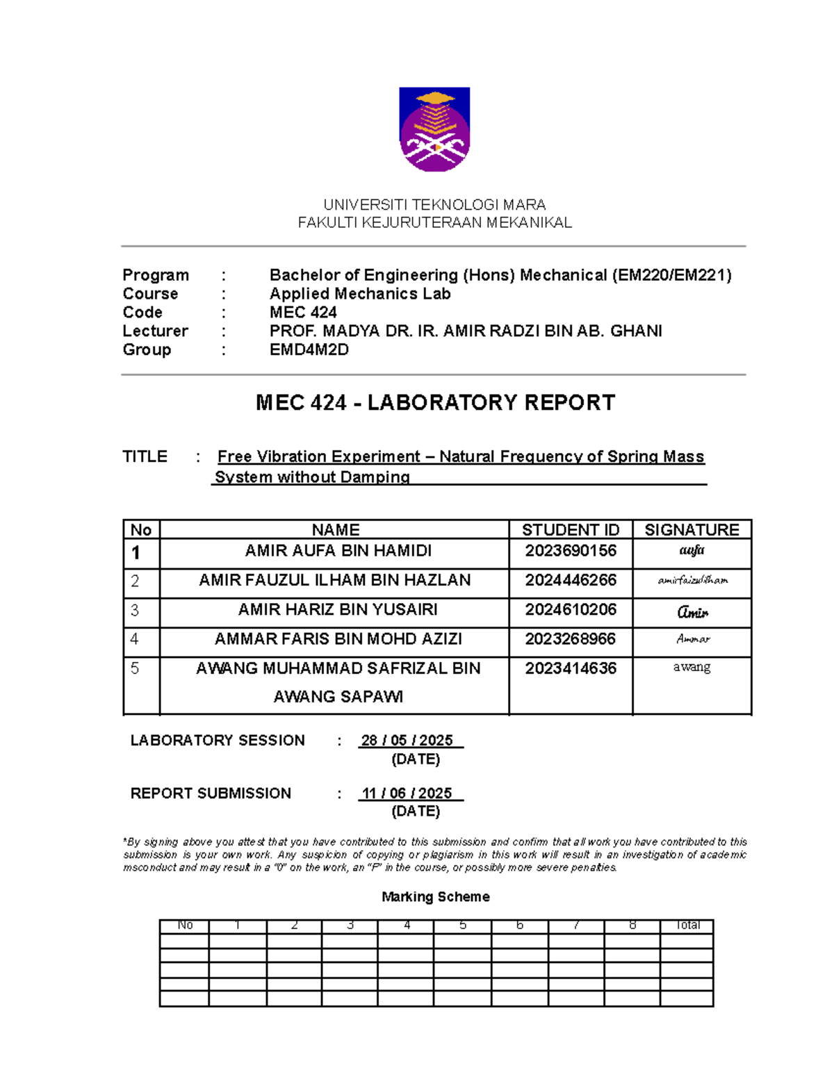 MEC 424 Lab Report: Free Vibration Experiment on Spring Mass System ...