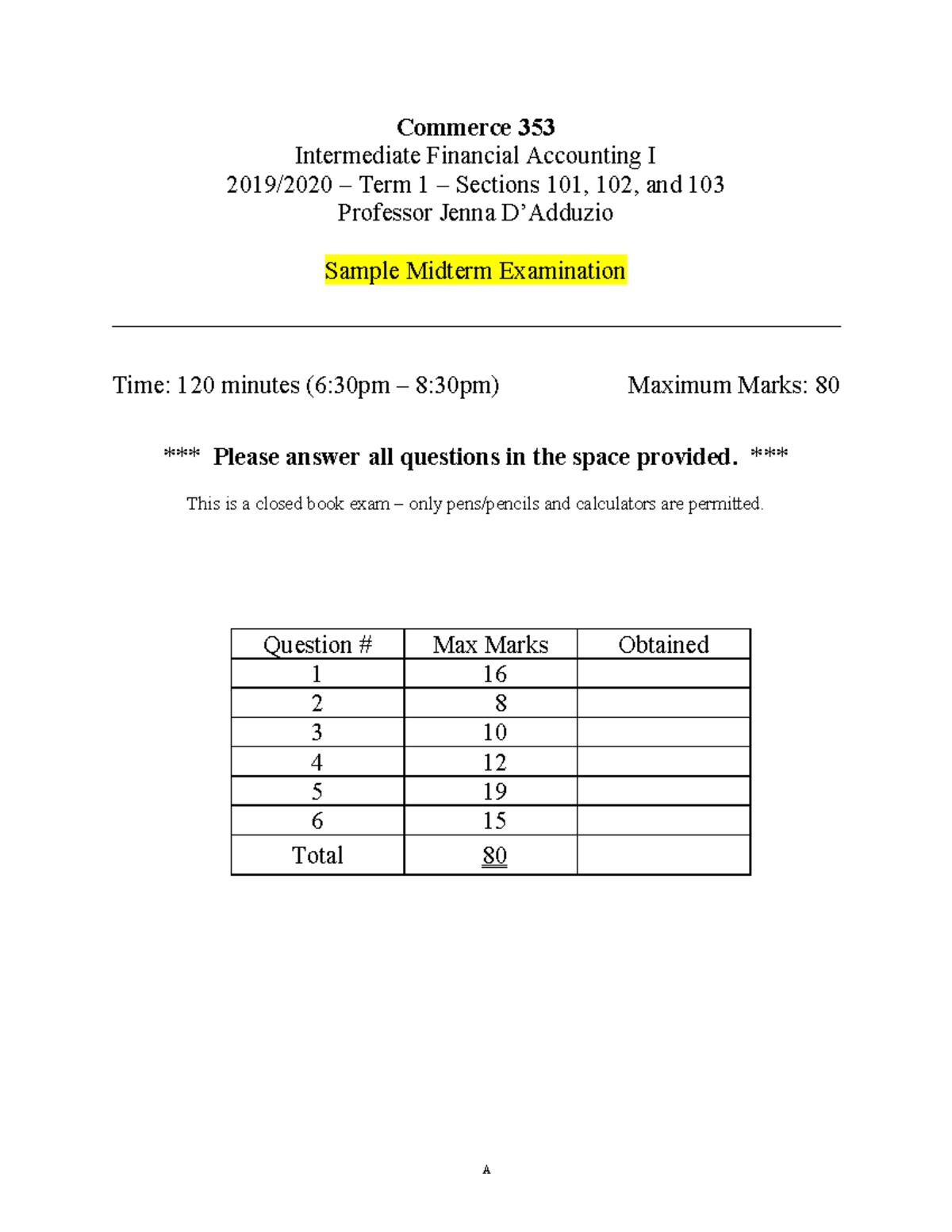Sample-Midterm Exam for Commerce 353 - Intermediate Financial ...