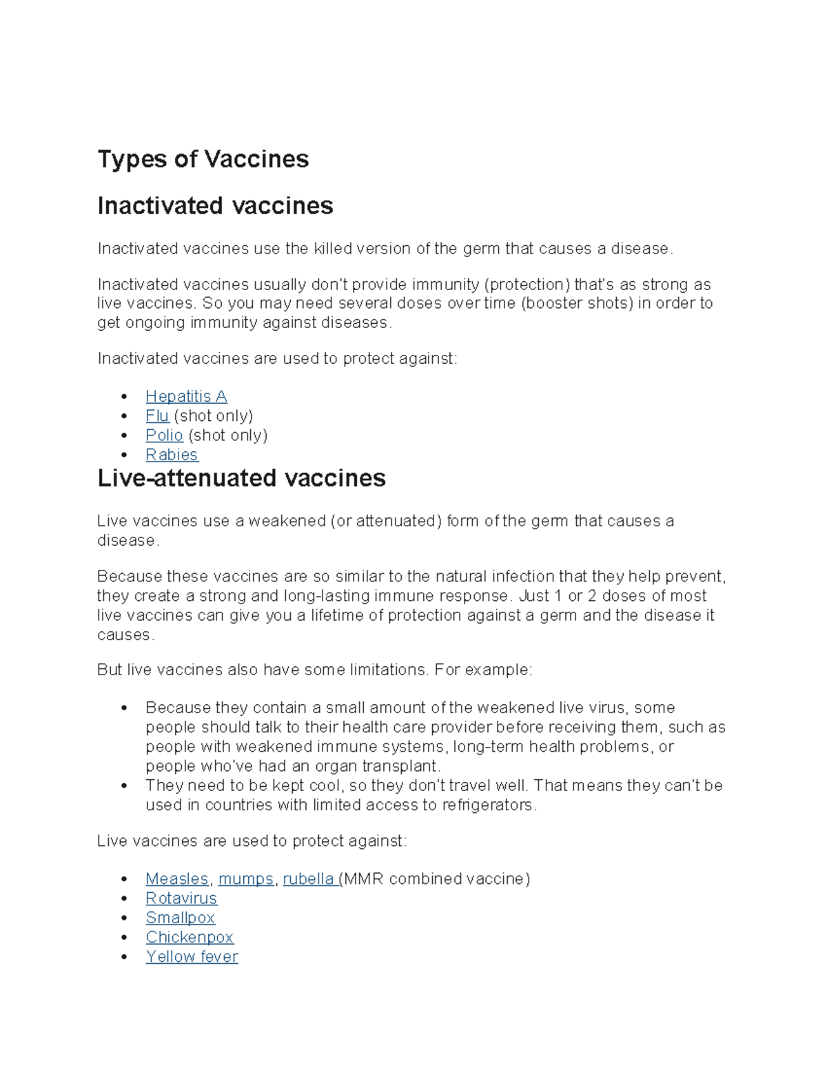 Types of Vaccines - notes - Types of Vaccines Inactivated vaccines ...