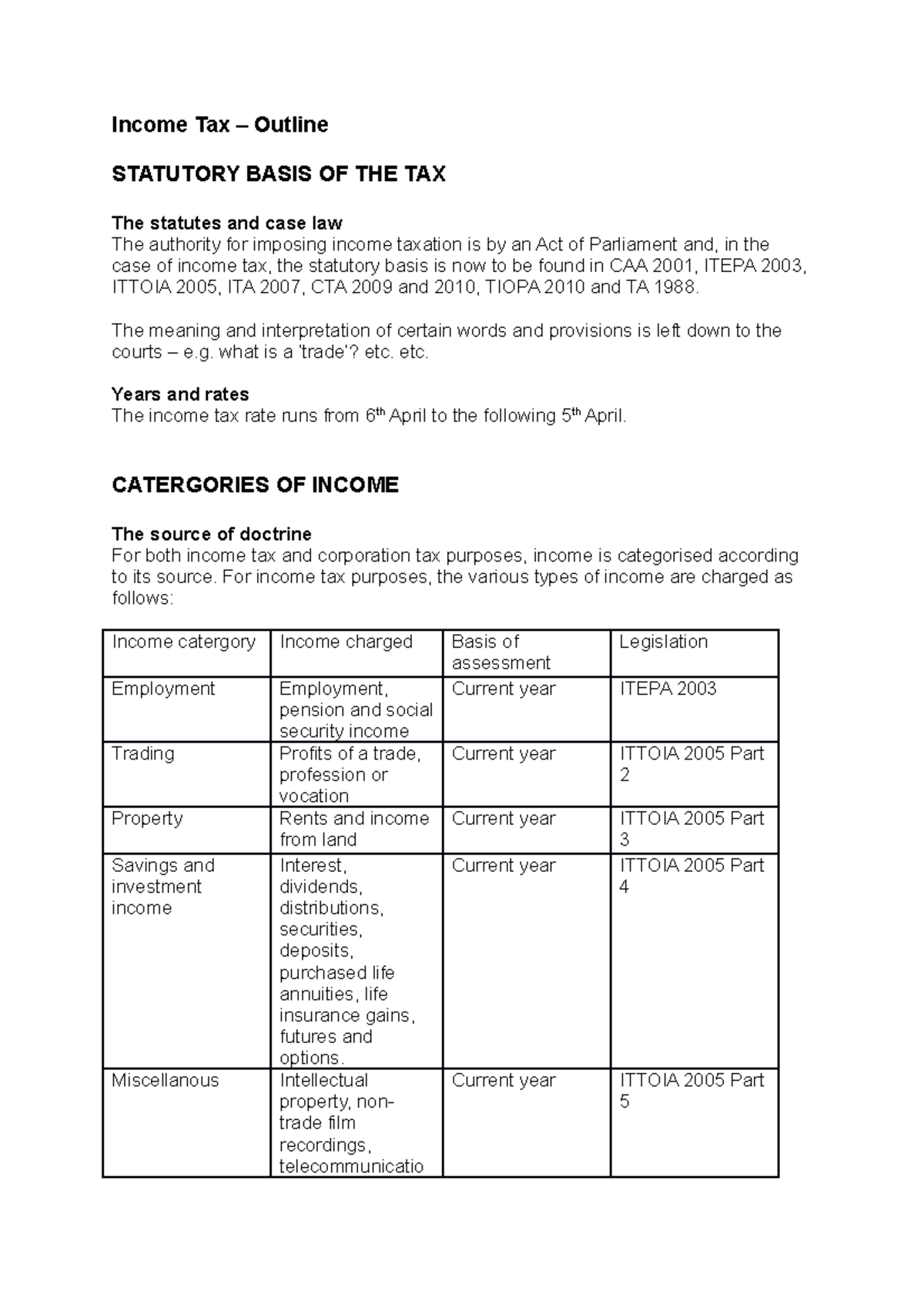 Income Tax Overview: Statutory Basis & Employment Income Details - Studocu