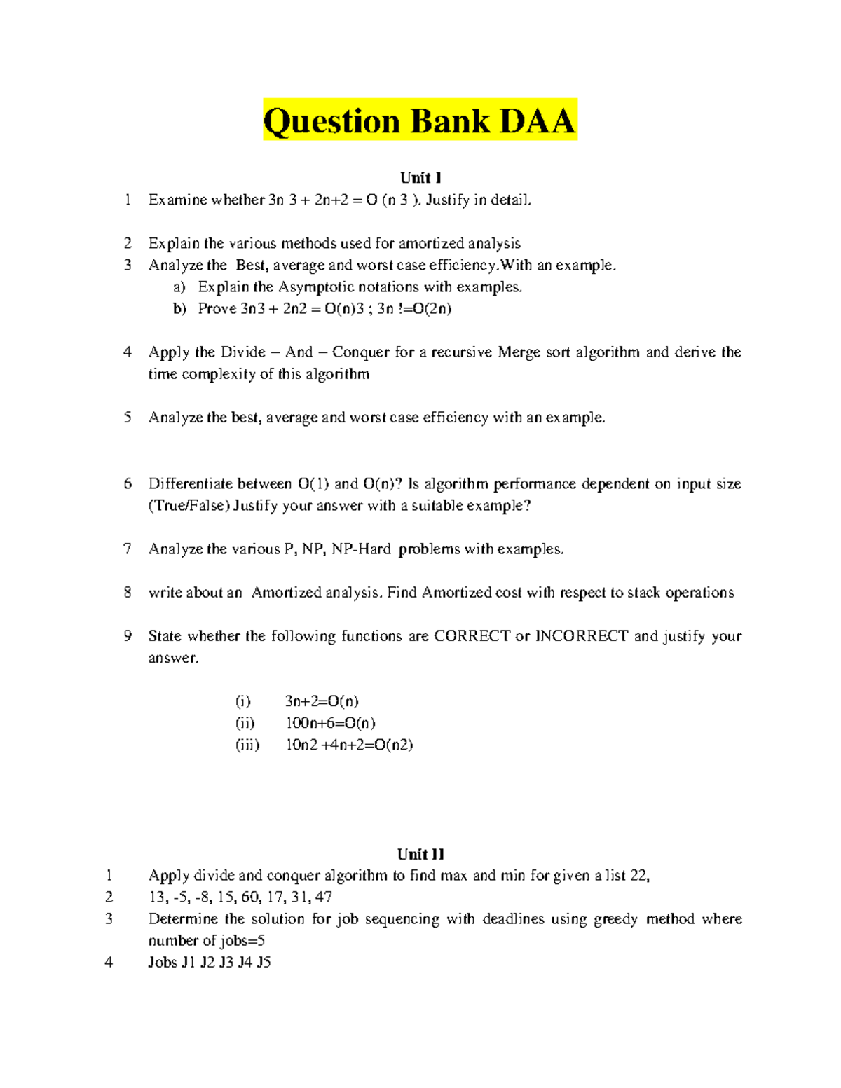 Question Bank for DAA-1: Comprehensive Exam Review Questions - Studocu