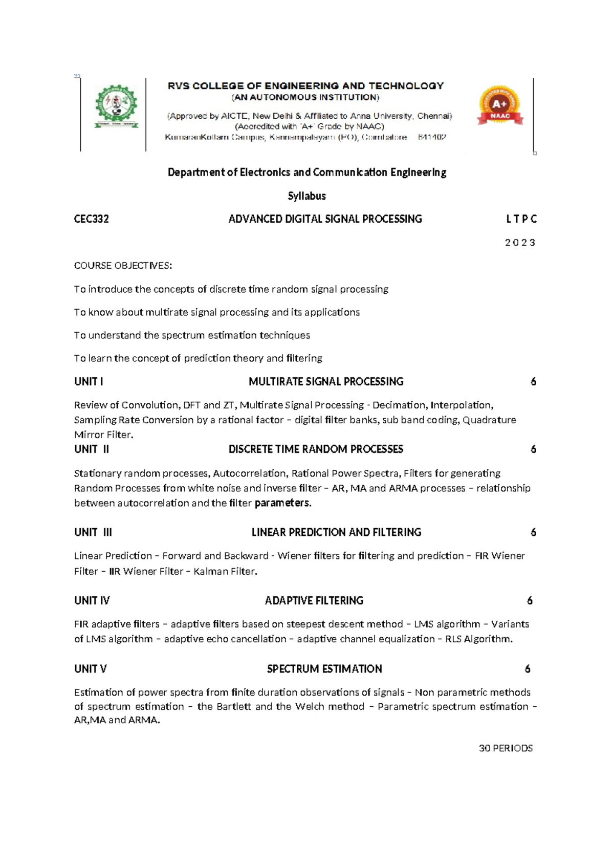 CEC332 Advanced Digital Signal Processing Syllabus 2023 - Studocu