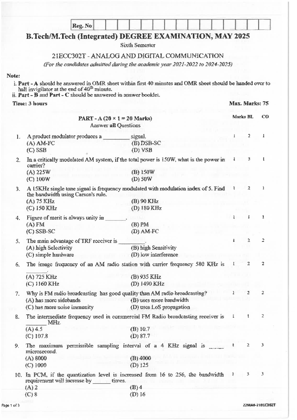 21ECC302T Analog and Digital Communication Exam Guide - May 2025 - Studocu