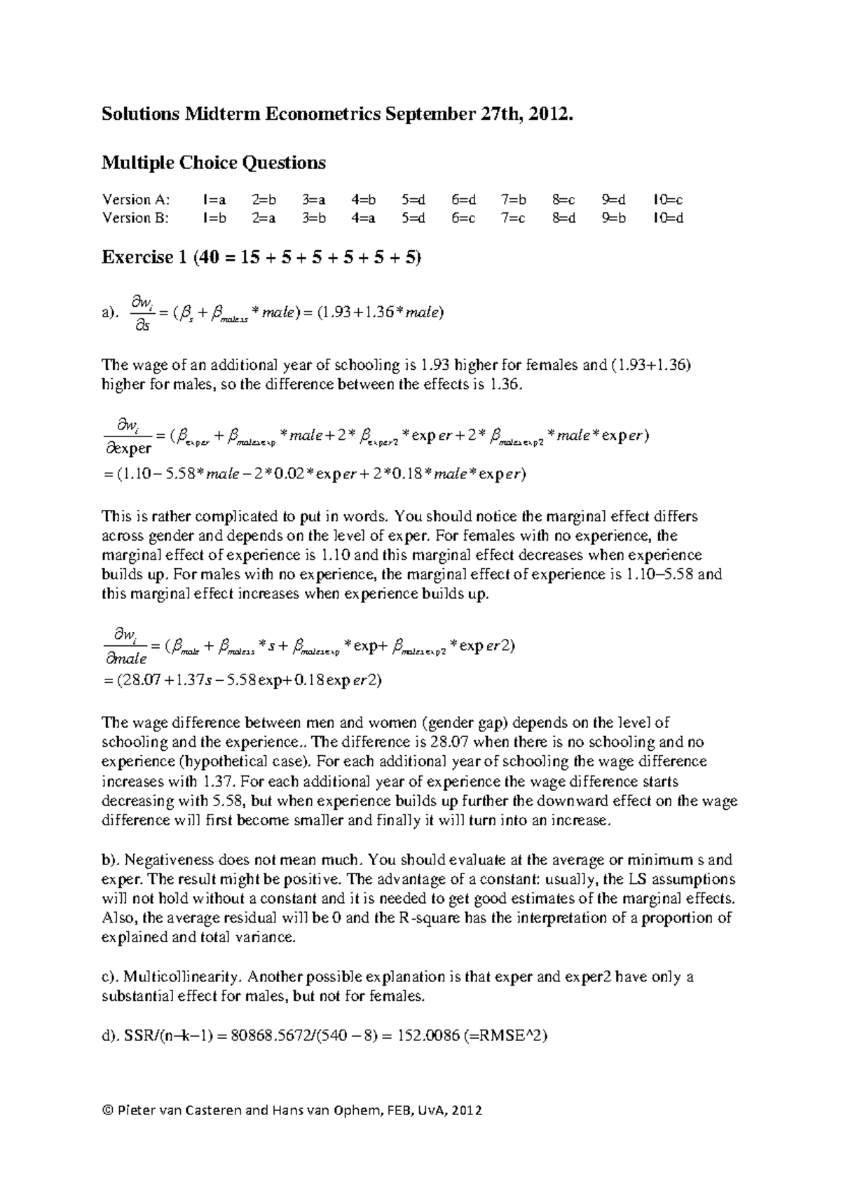 Midterm Solutions for Econometrics (September 2012) - Studeersnel