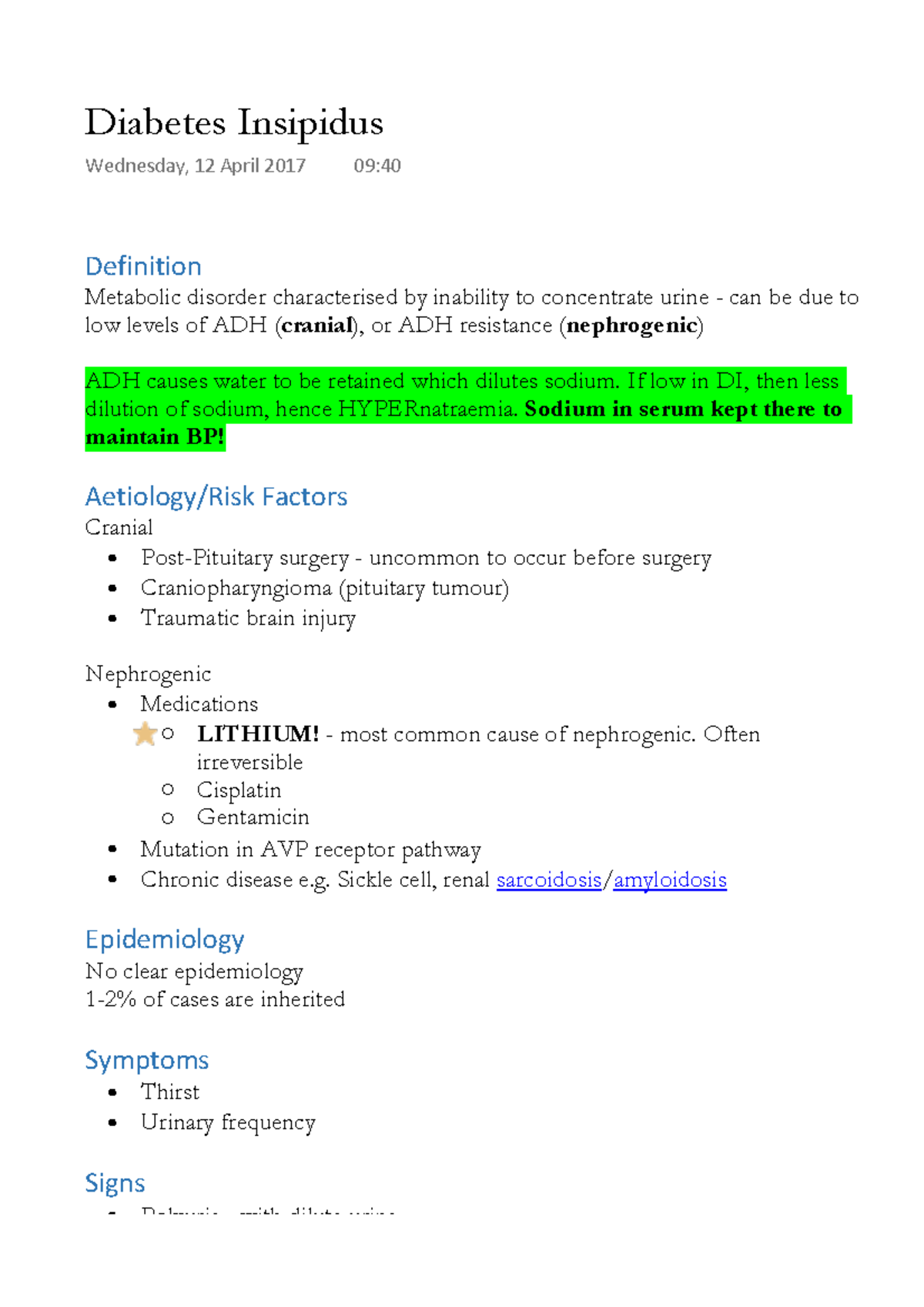 Diabetes Insipidus   DI Notes   Diabetes Insipidus Wednesday, 20 ...