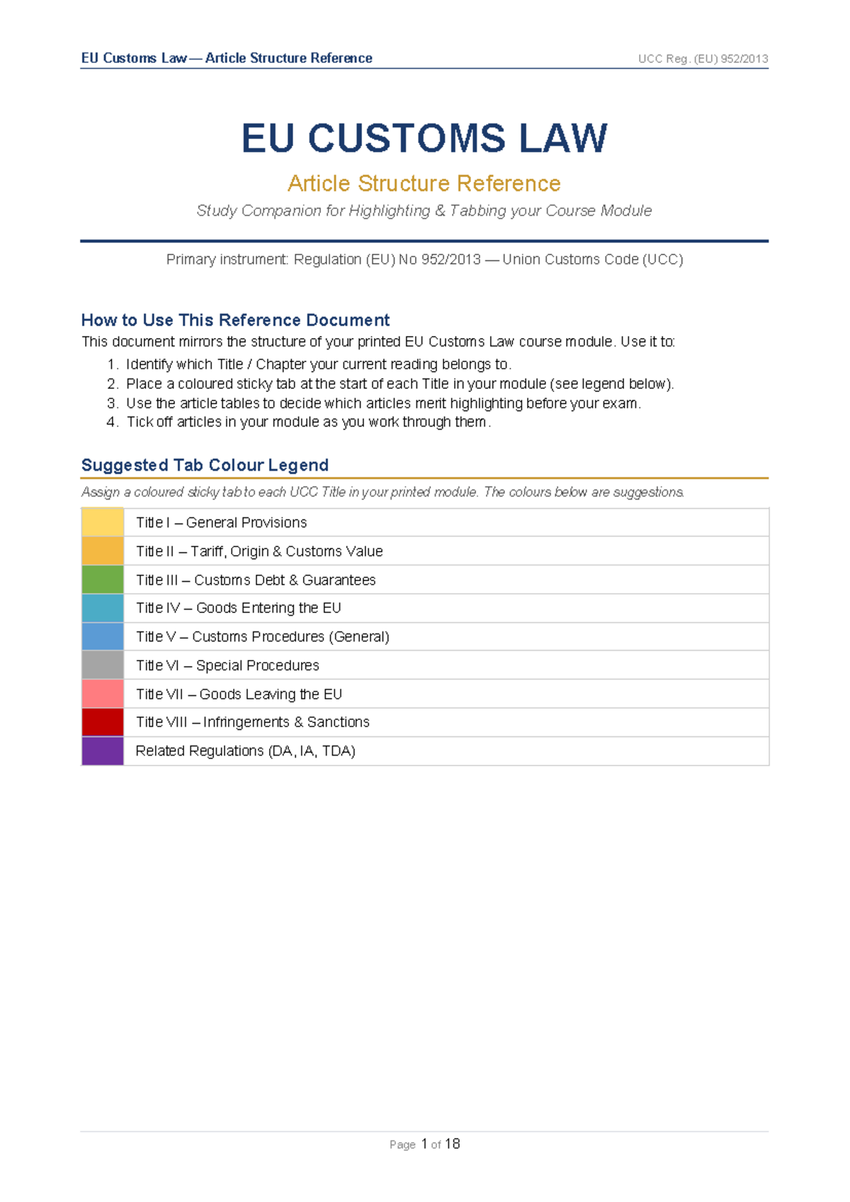EU Customs Law Article Structure Reference UCC Study Guide - Studeersnel