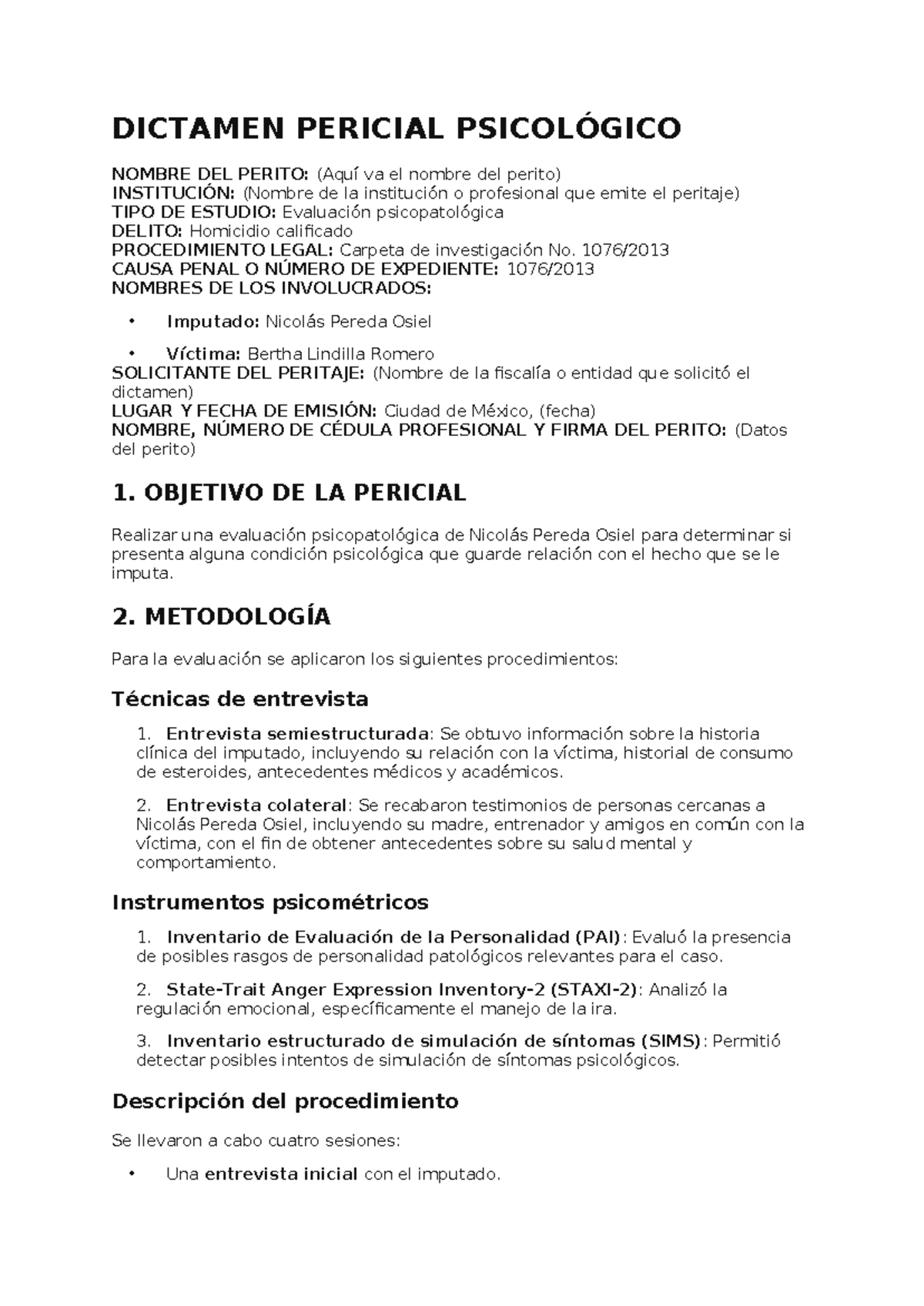 Dictamen Pericial Psicológico sobre Nicolás Pereda Osiel - Caso 1076