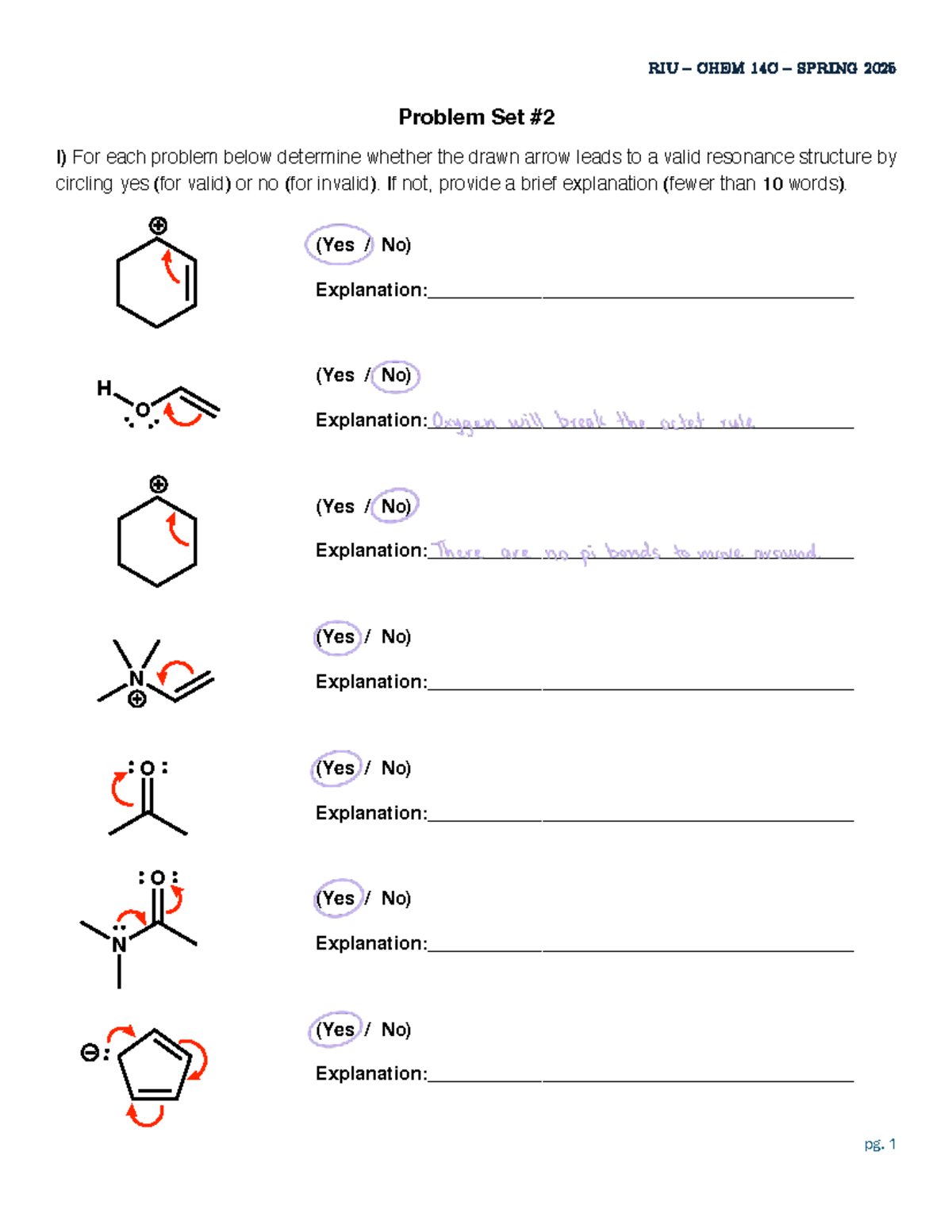 RIU CHEM 14C SPRING 2025 Problem Set I: Resonance Structures Analysis ...