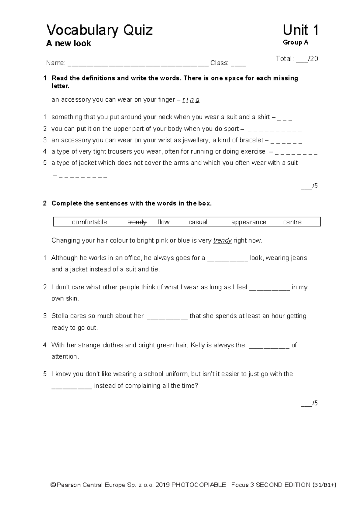 Focus 3 2E Vocabulary Quiz Unit1 Group A - Total: ___/ Vocabulary Quiz ...