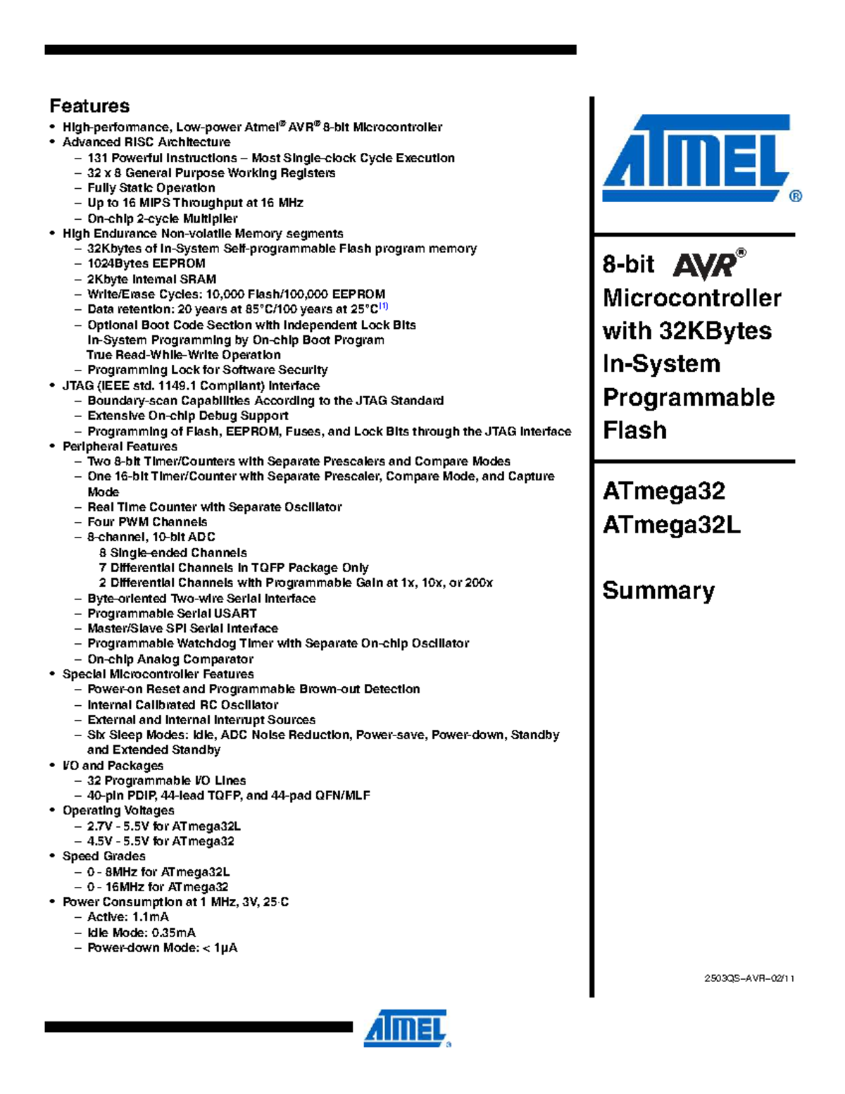 ATmega32 Advanced Microcontroller Features Summary Datasheet - Studocu