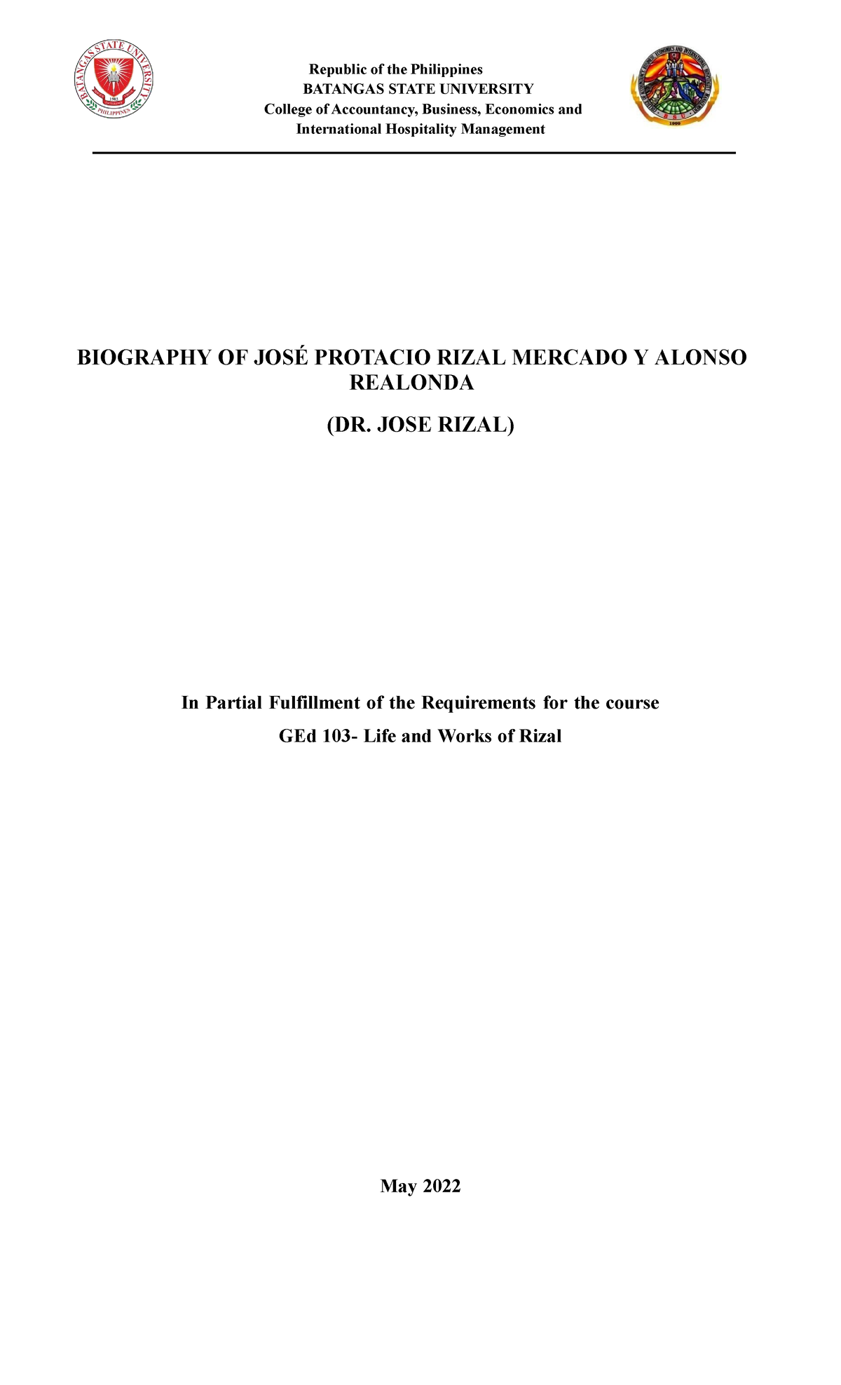 Jose Rizal: A Comprehensive Biography for GEd 103 Students - Studocu