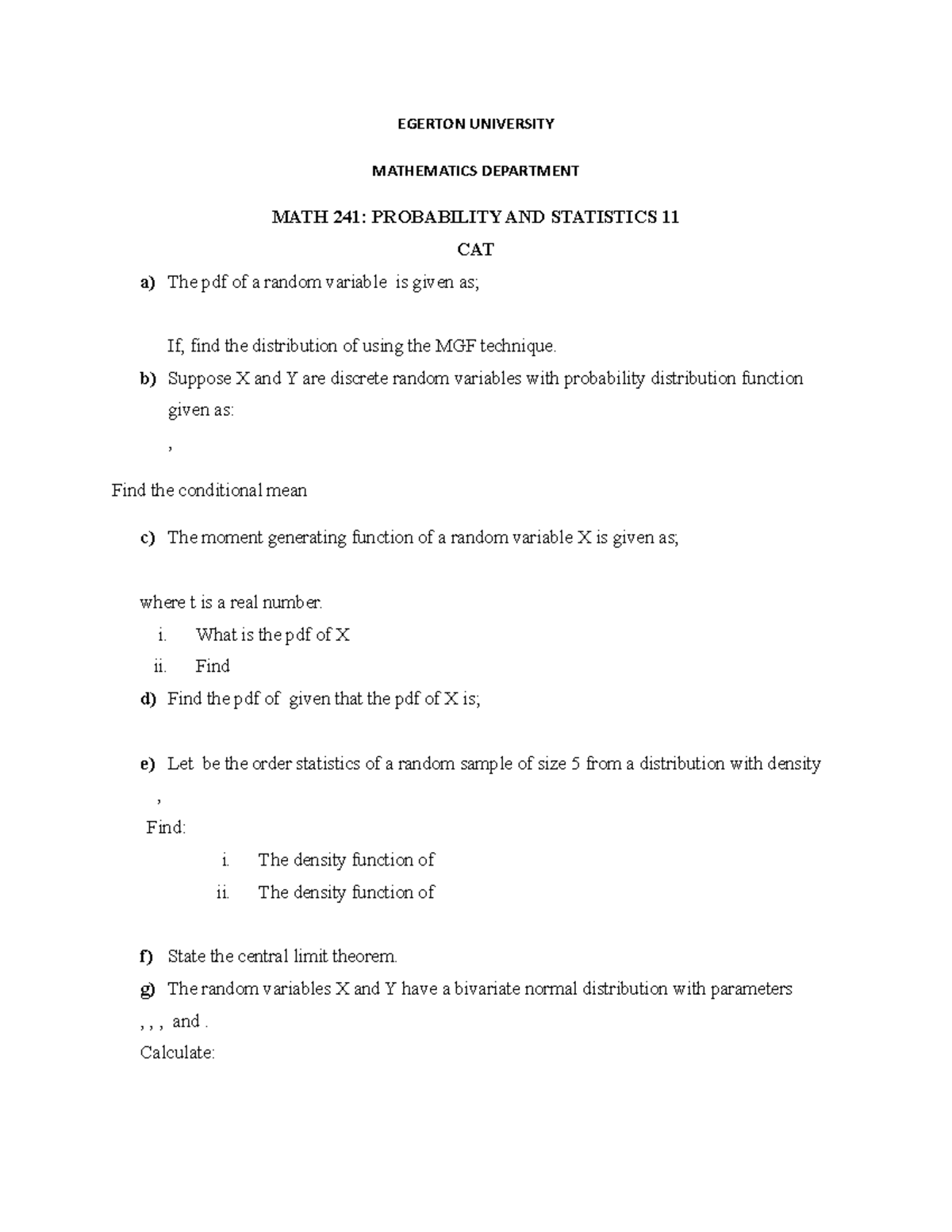 Revision Questions for MATH 241: Probability and Statistics II - Studocu