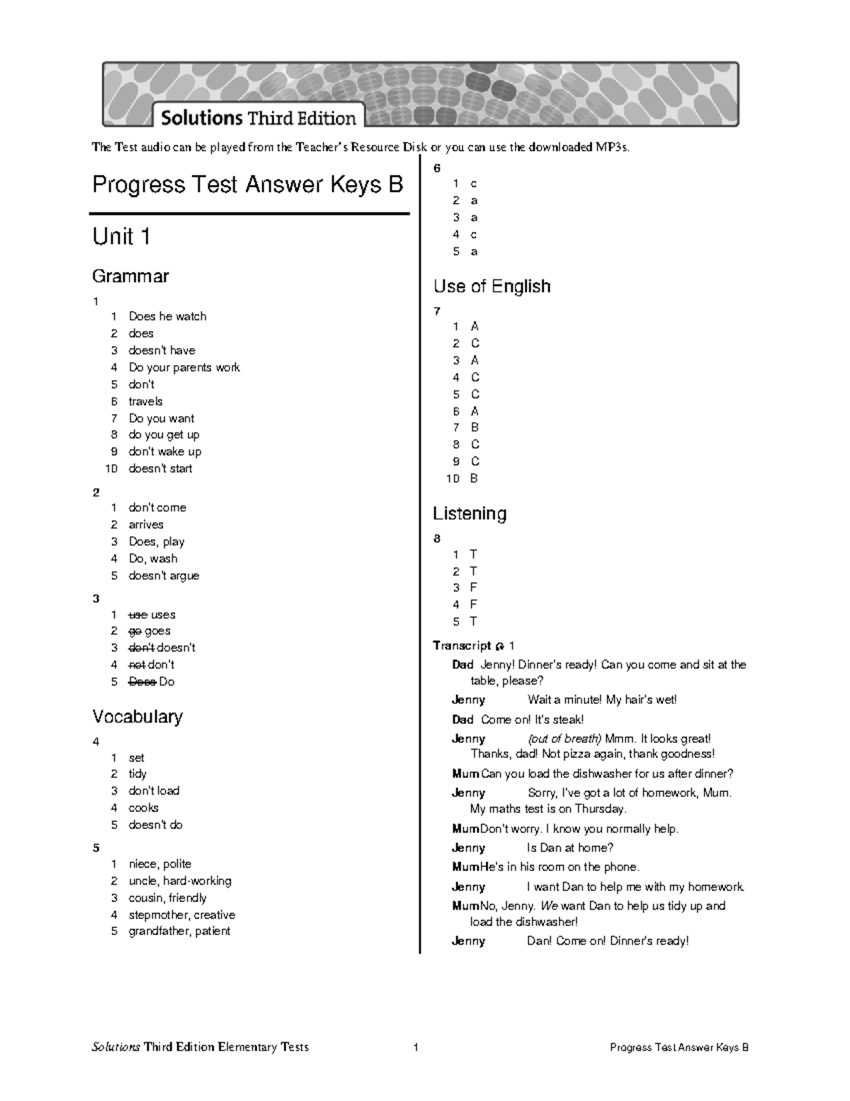 Elementary Tests 1 Progress Test Answer Key B Report - Studocu