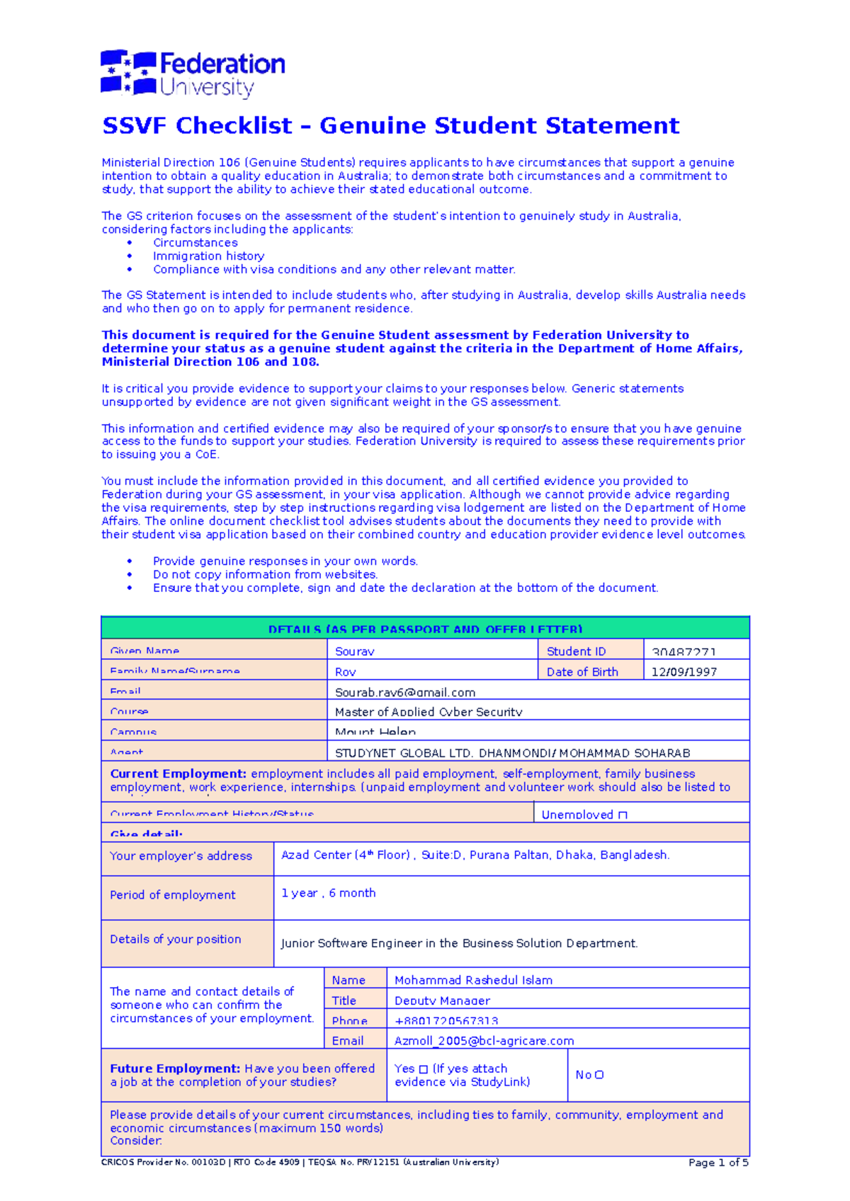 Genuine Student Visa Application Checklist - SSVF Guidelines - Studocu