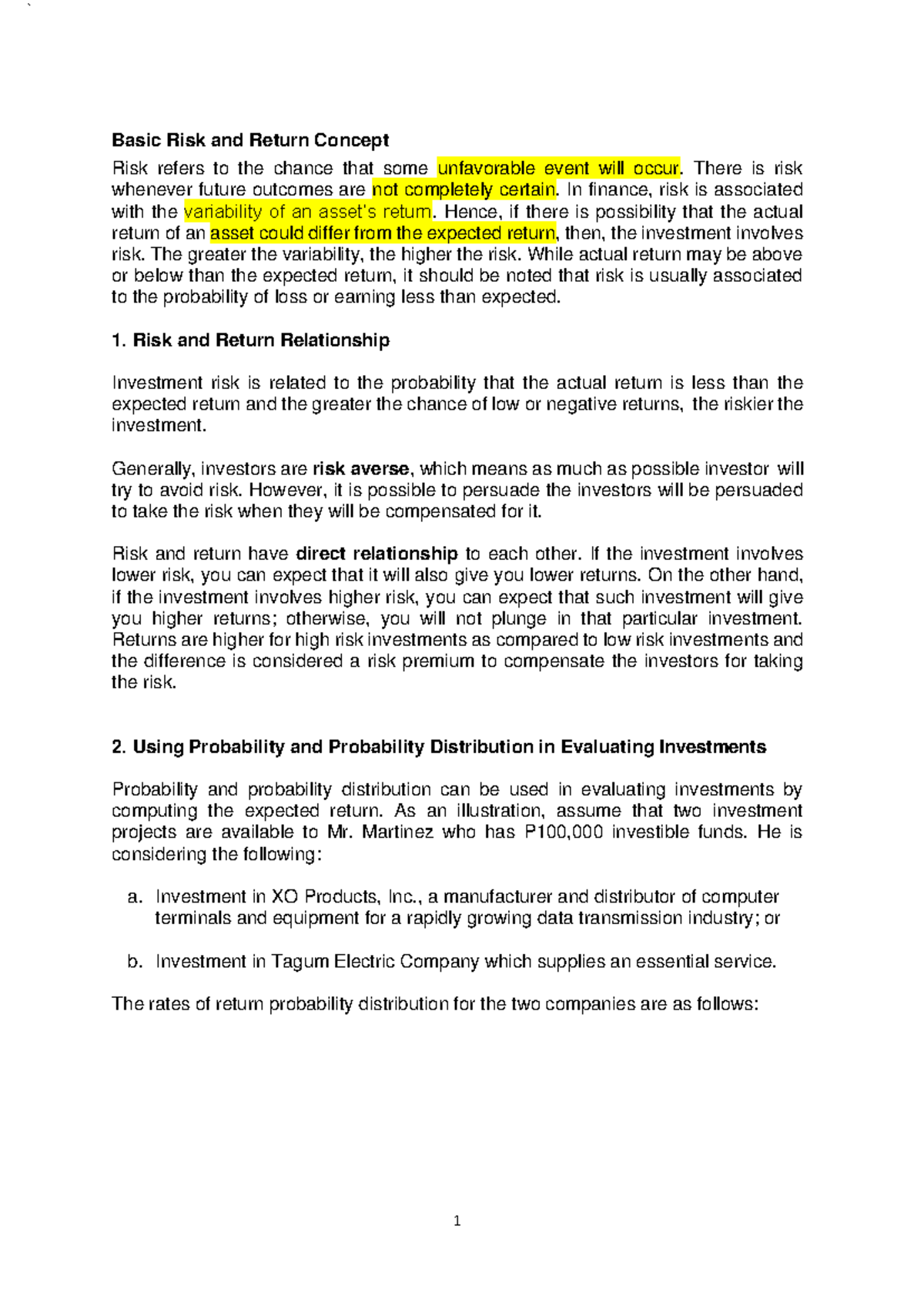Risk-and-returns - dasa sqsfds - Basic Risk and Return Concept Risk ...
