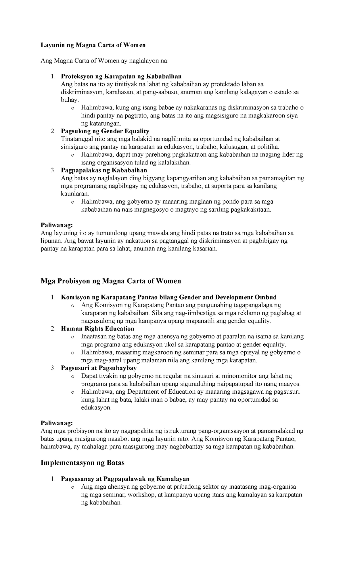 Mga Layunin At Probisyon Ng Magna Carta Of Women Isang Pagsusuri Studocu