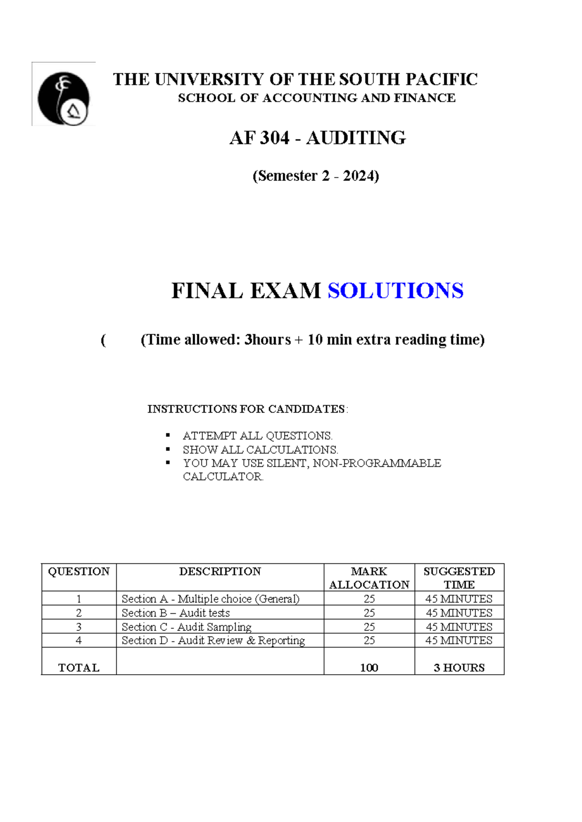 AF 304 Auditing Final Exam Solutions - Semester 2, 2024 - Studocu