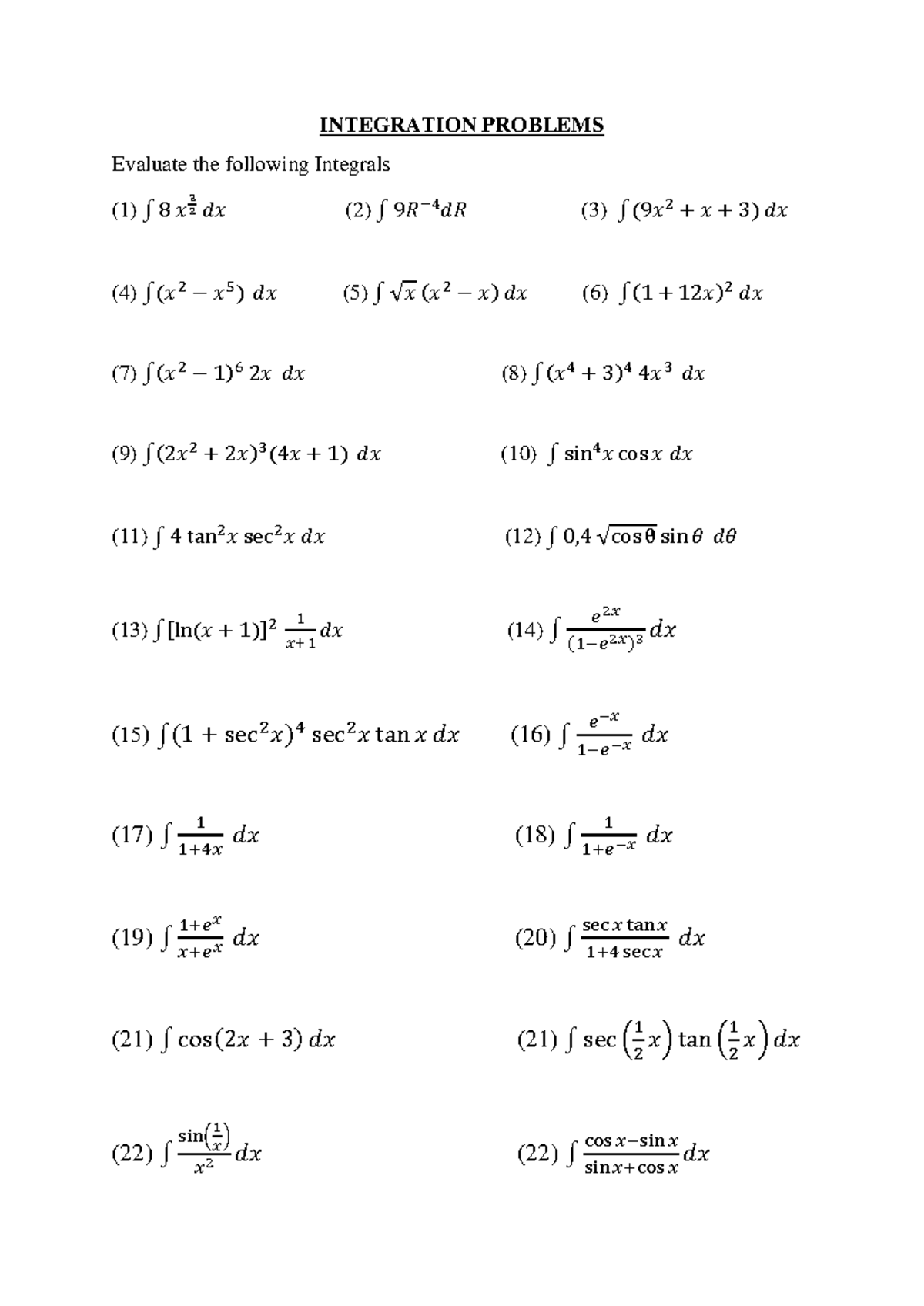 Integration Problems - Practice Exercises for Calculus 101 - Studocu