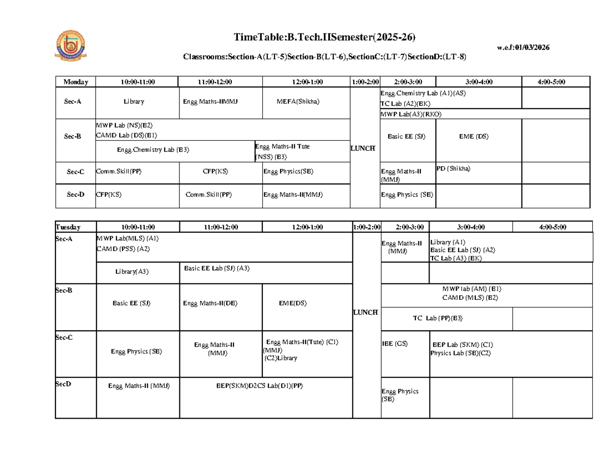 Updated Time Table for Engg. Courses (SKM) - Studocu