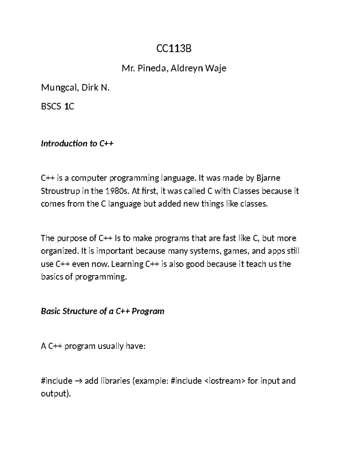 CC113B - Lecture Notes on Introduction to C++ Programming - Studocu
