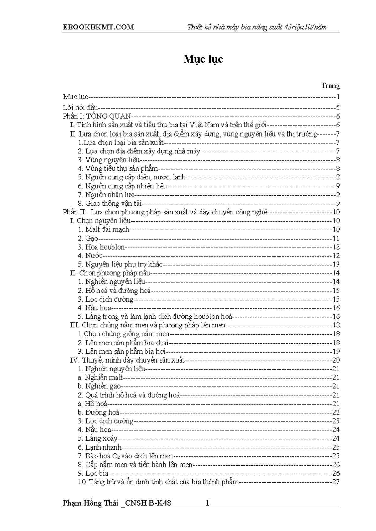 ĐỒ ÁN - Thiết kế nhà máy bia năng suất 45 triệu lít/năm - Document Preview