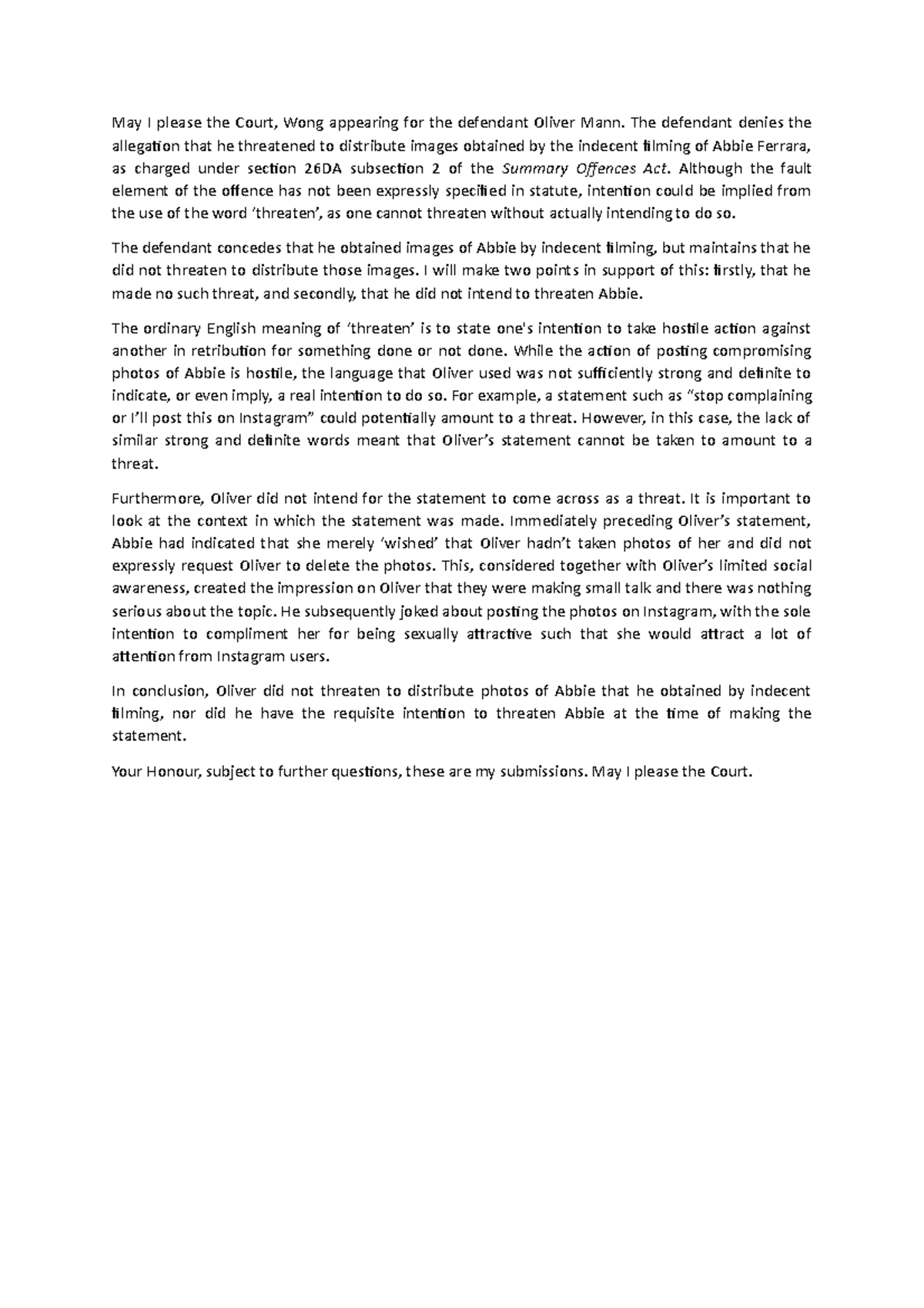 Advocacy Assignment: Defense Statement Analysis of Oliver Mann Case ...