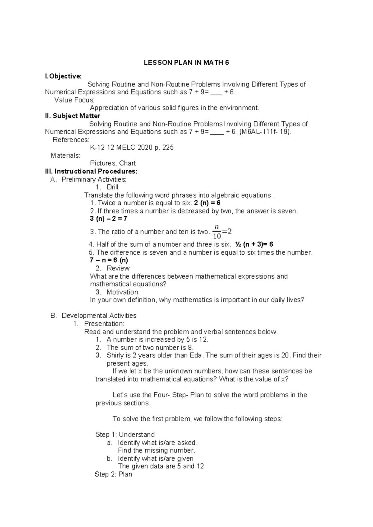M6 Math Lesson Plan: Solving Routine & Non-Routine Problems - Studocu