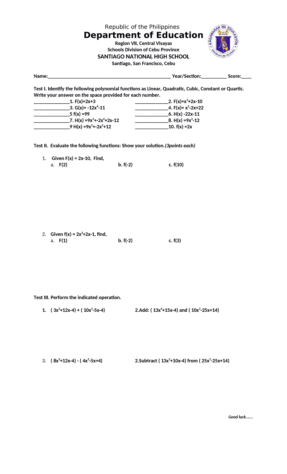 Math 10: Polynomial Functions and Operations Test for Reference - Studocu