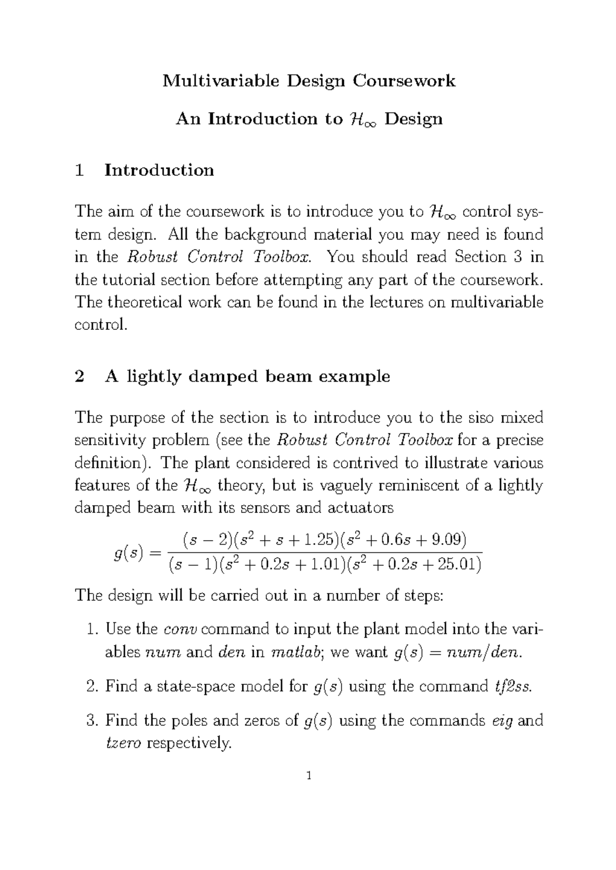 Multivariable Control Design Coursework: H∞ Design Introductory Guide ...