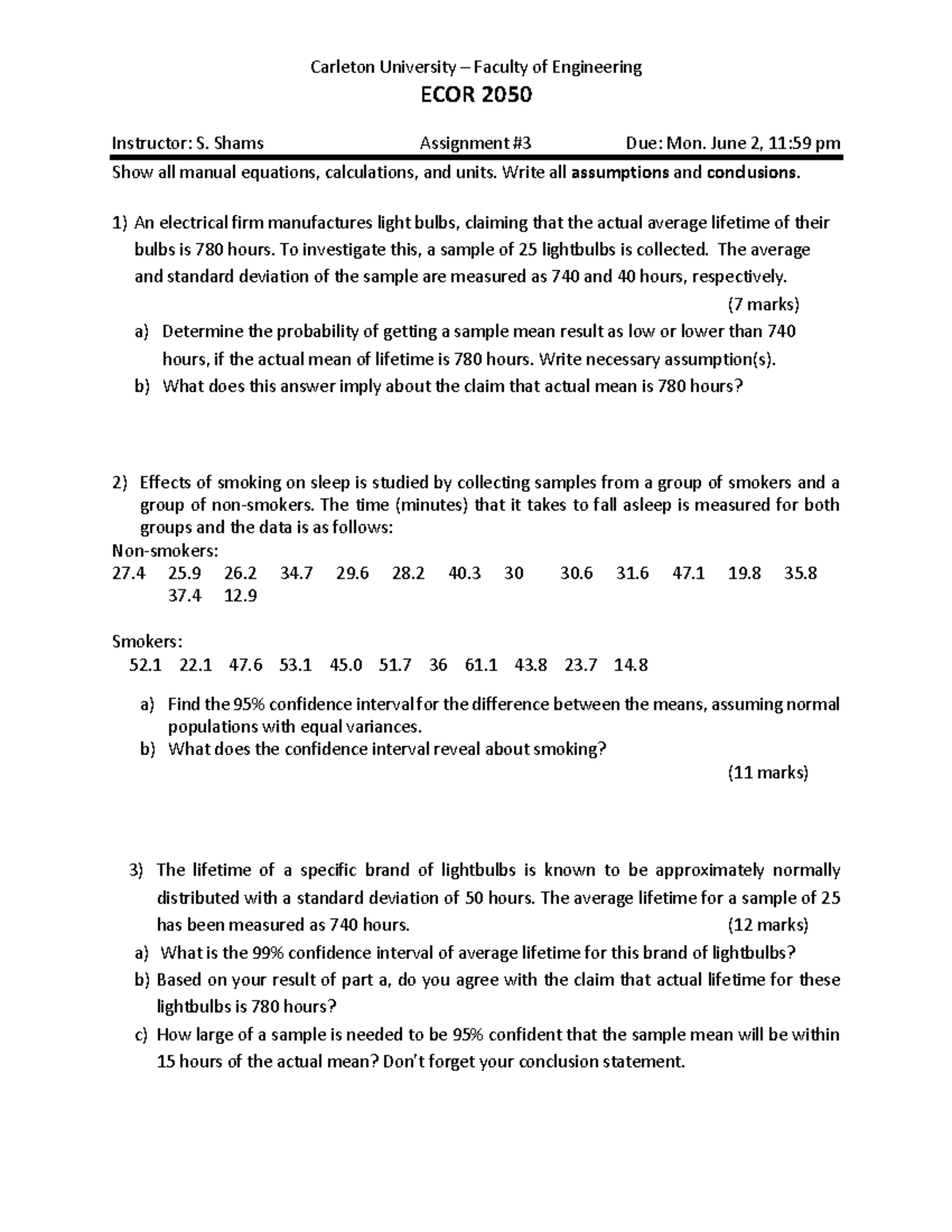 S25 - ECOR 2050 - Assignment 3: Statistical Analysis of Lightbulb ...