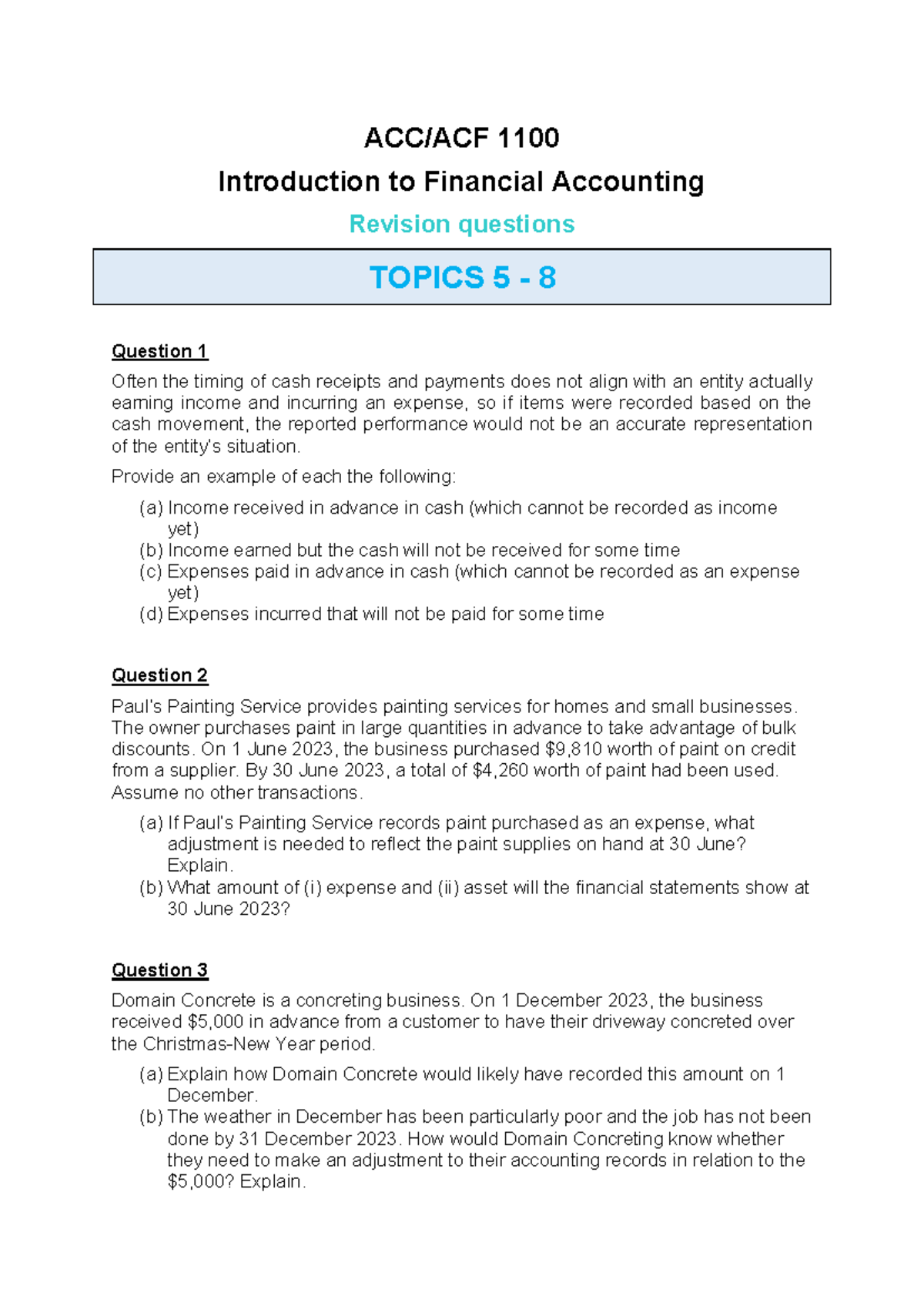 ACC/ACF 1100 Financial Accounting: Revision Questions for Topics 5-8 ...