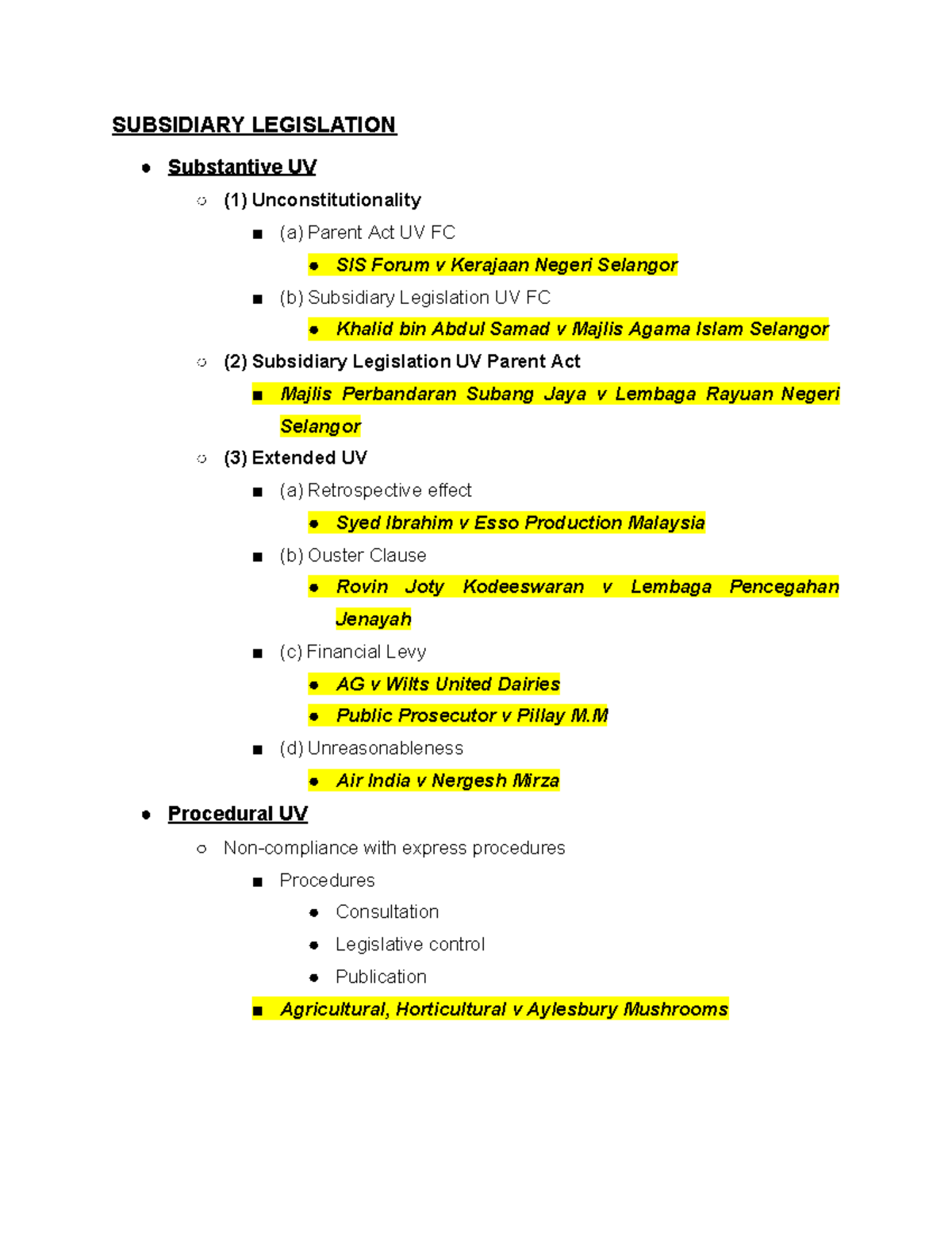 ADMIN MEMORISATION SHEET - SUBSIDIARY LEGISLATION Substantive UV (1 ...