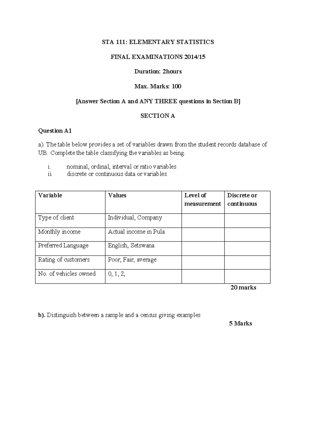 STA 111 Final Exam 2014: Comprehensive Past Paper Review - Studocu