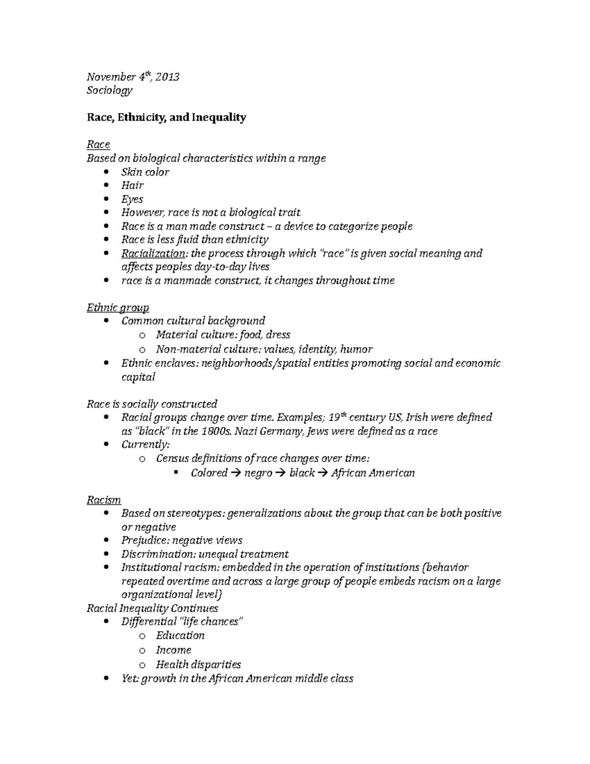 SOC 101 - Lecture Notes on Race, Ethnicity, and Inequality (Nov 4 ...