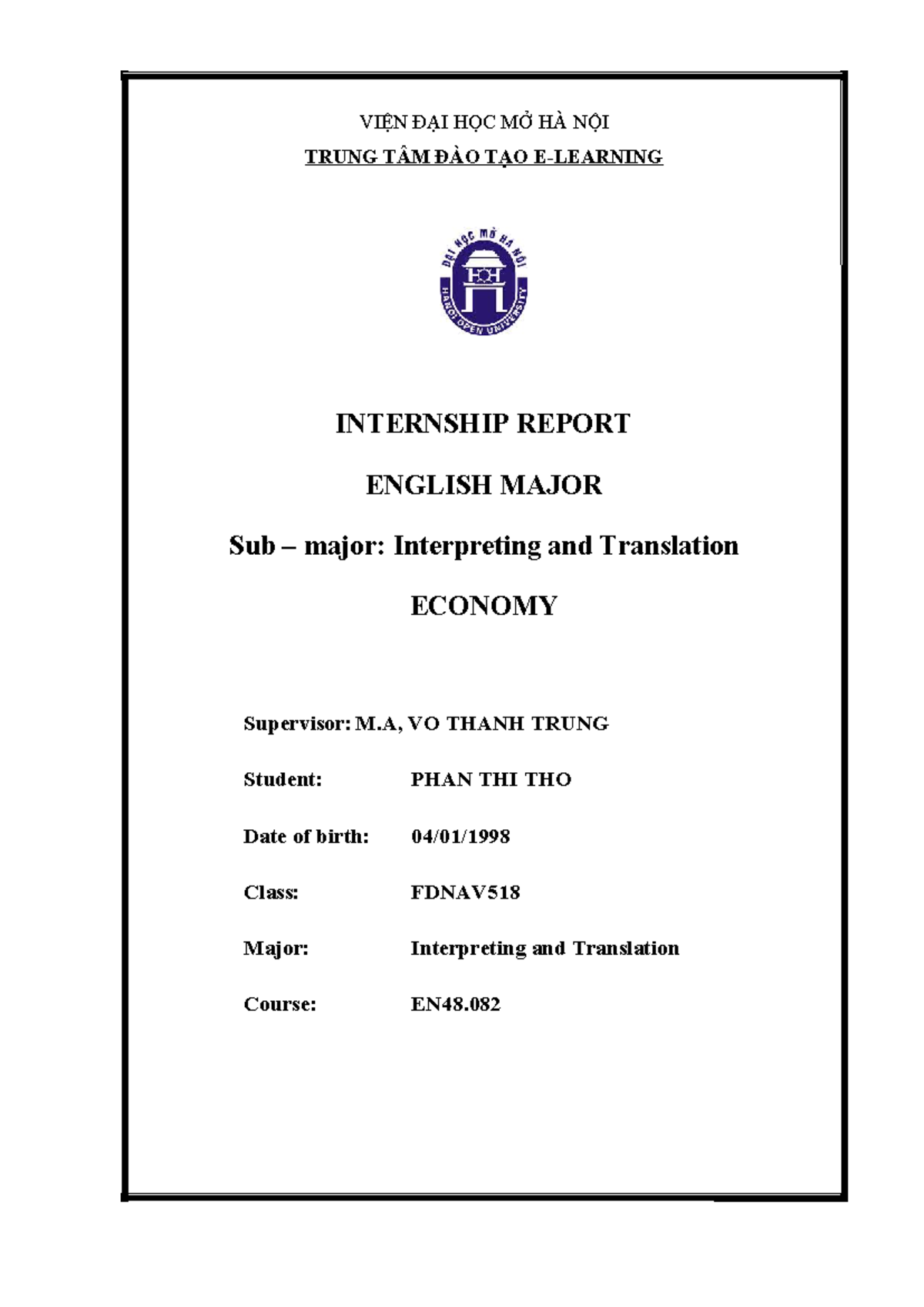 Internship Report on Economic Translation - Class FDNAV518 - Studocu