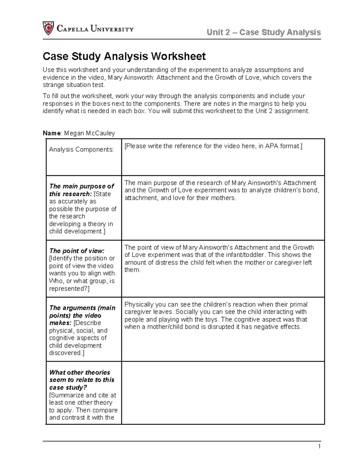 Unit 2 Case Study Analysis Worksheet PSYC2700: Ainsworth's Attachment ...