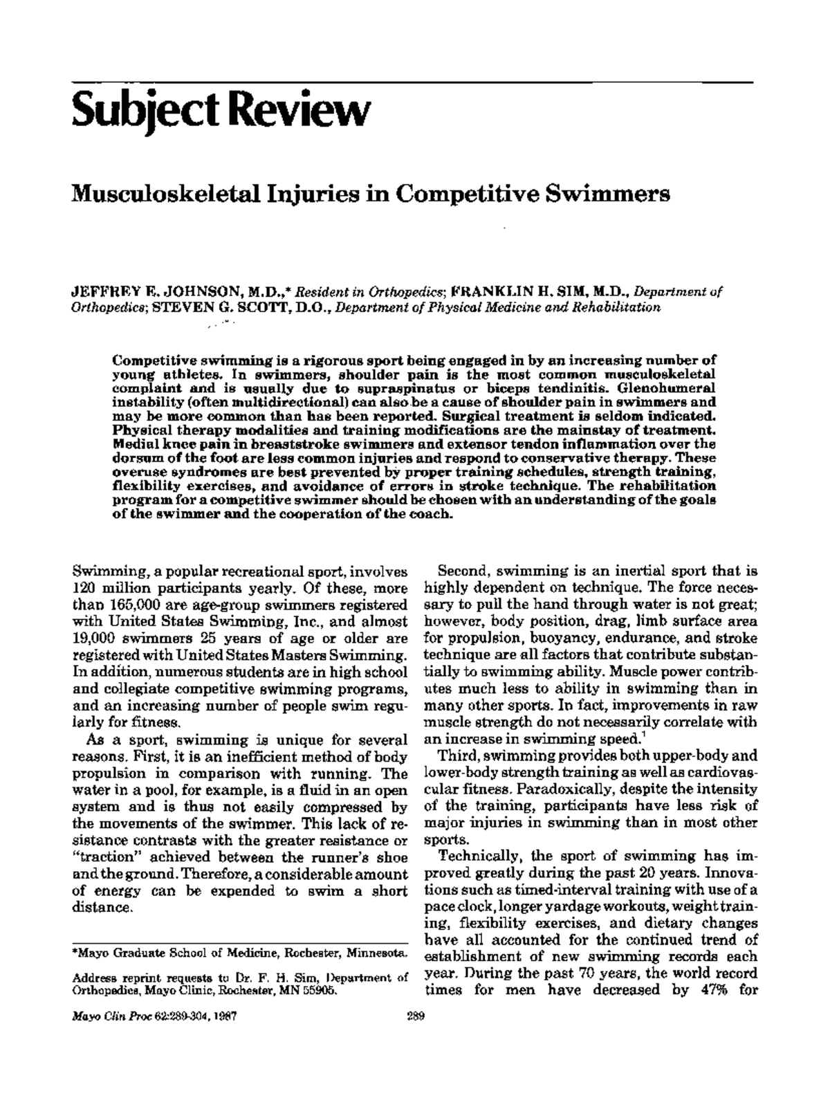 Artículo musculoskeletal injuries in competitive swimmers - Subject ...