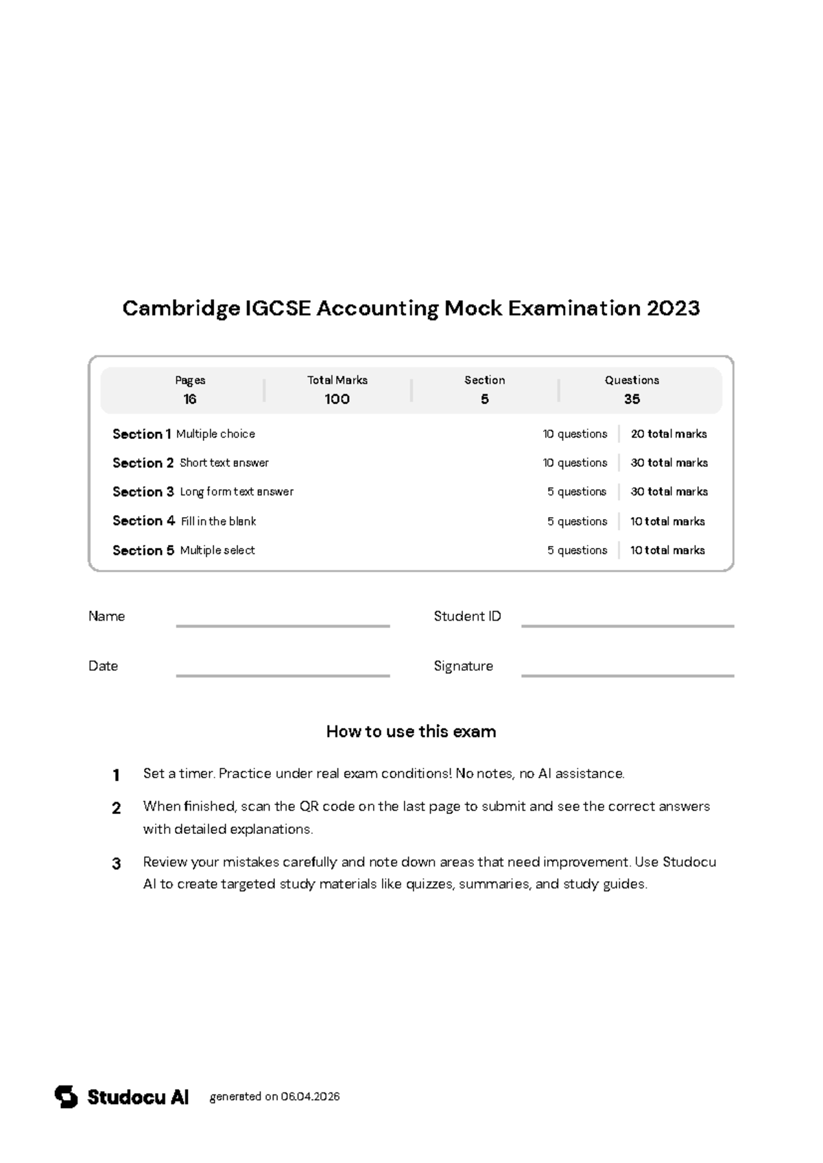 Cambridge IGCSE Accounting Mock Exam 2023 - Studocu