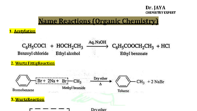 Organic Chemistry Name Reactions - Dr. JAYA CHEMISTRY EXPERT - Studocu