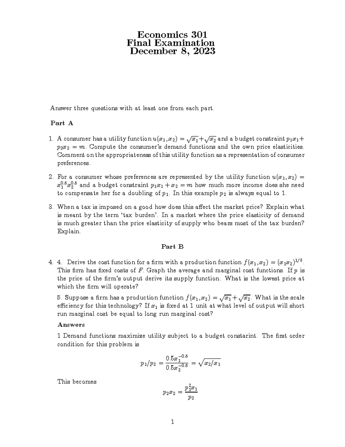 Economics 301 Final Exam Answers - December 8, 2023 - Studocu