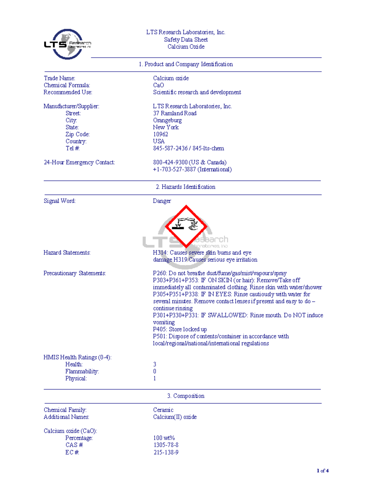 CaO - Safety Data Sheet (SDS) for Calcium Oxide (CaO) - Studocu
