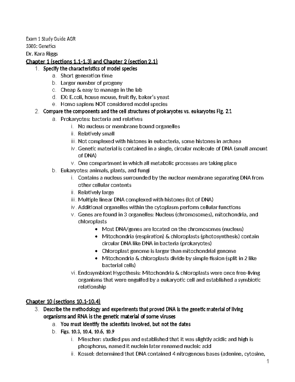 Exam 1 Study Guide for AGR 3303: Genetics - Chapters 1-15 Overview ...