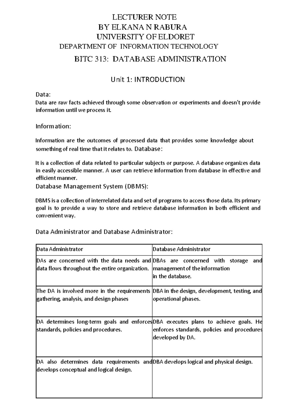 BITC 313: DBA Lecture Notes - Practical & Revision Materials - Studocu